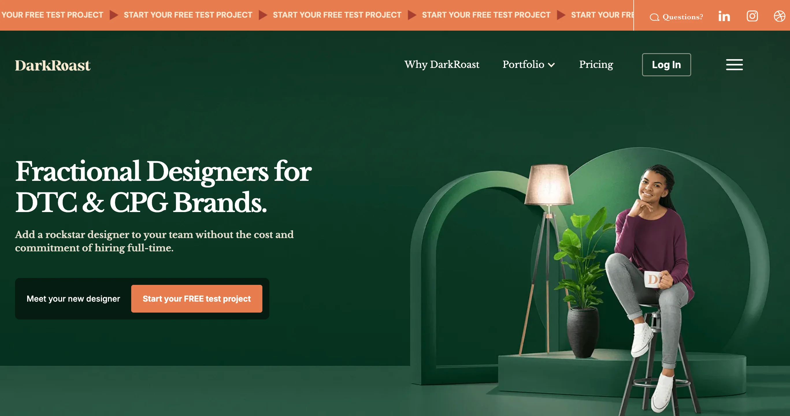 DarkRoast homepage showing their fractional designer service for DTC and CPG brands with a free test project offer, a niche Superside alternative