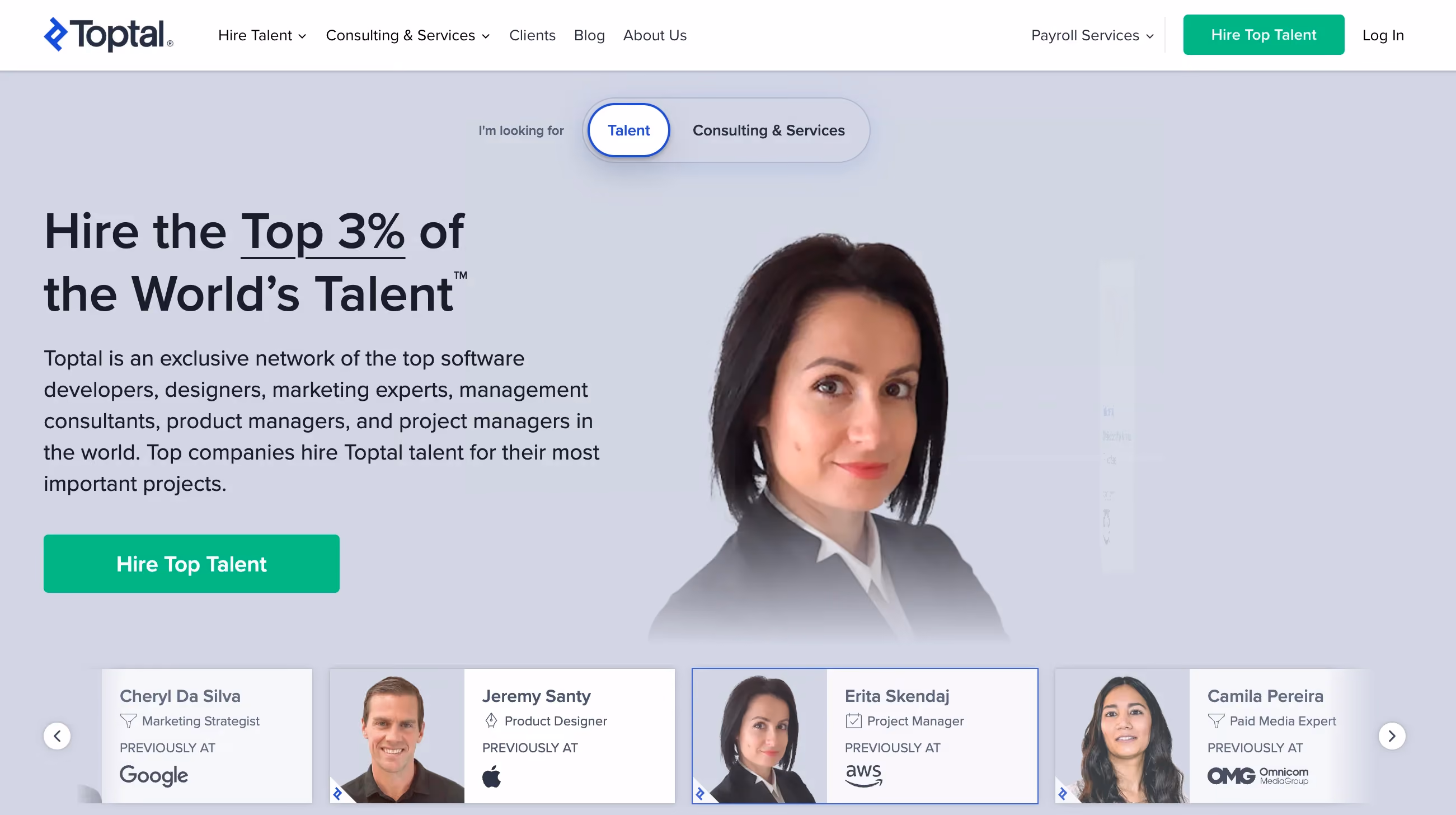 Toptal homepage featuring their exclusive network of the top 3 percent of freelance designers and developers, a premium project-based Superside alternative