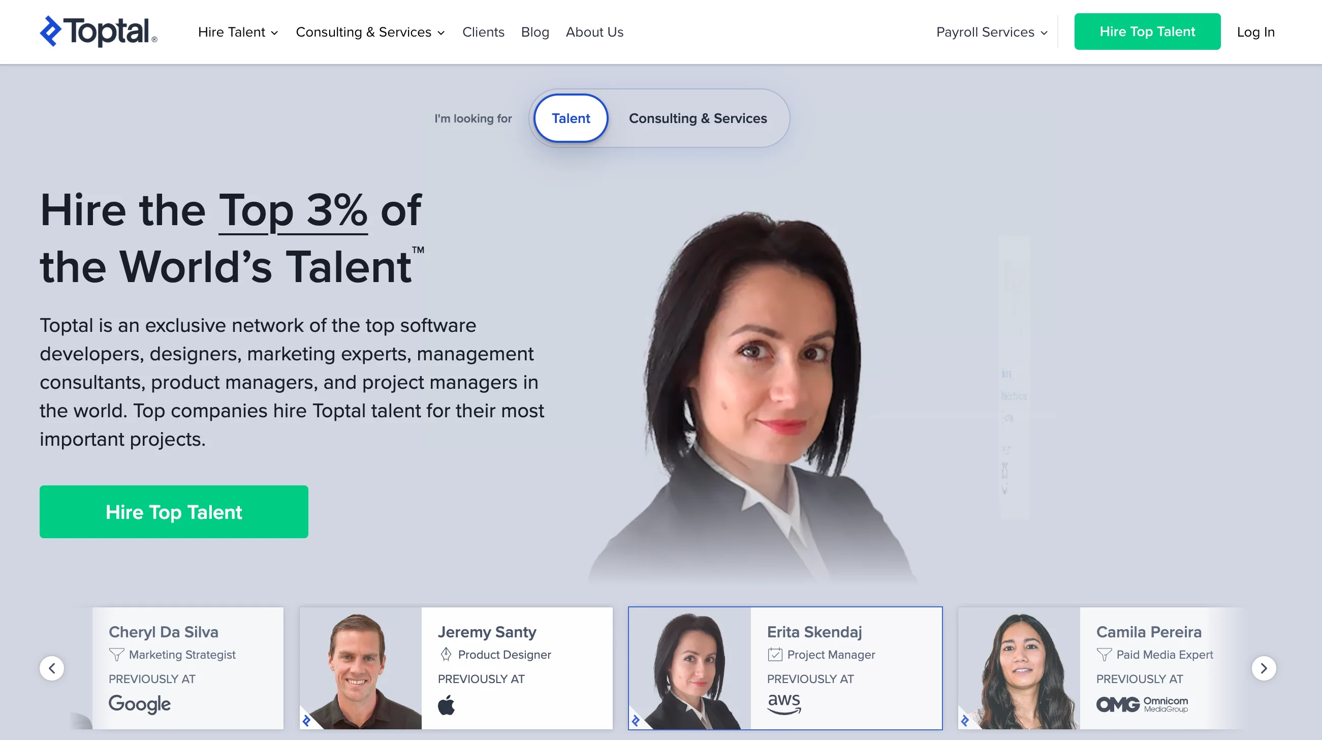 Toptal homepage featuring their exclusive network of the top 3 percent of freelance designers and developers, a premium project-based Superside alternative