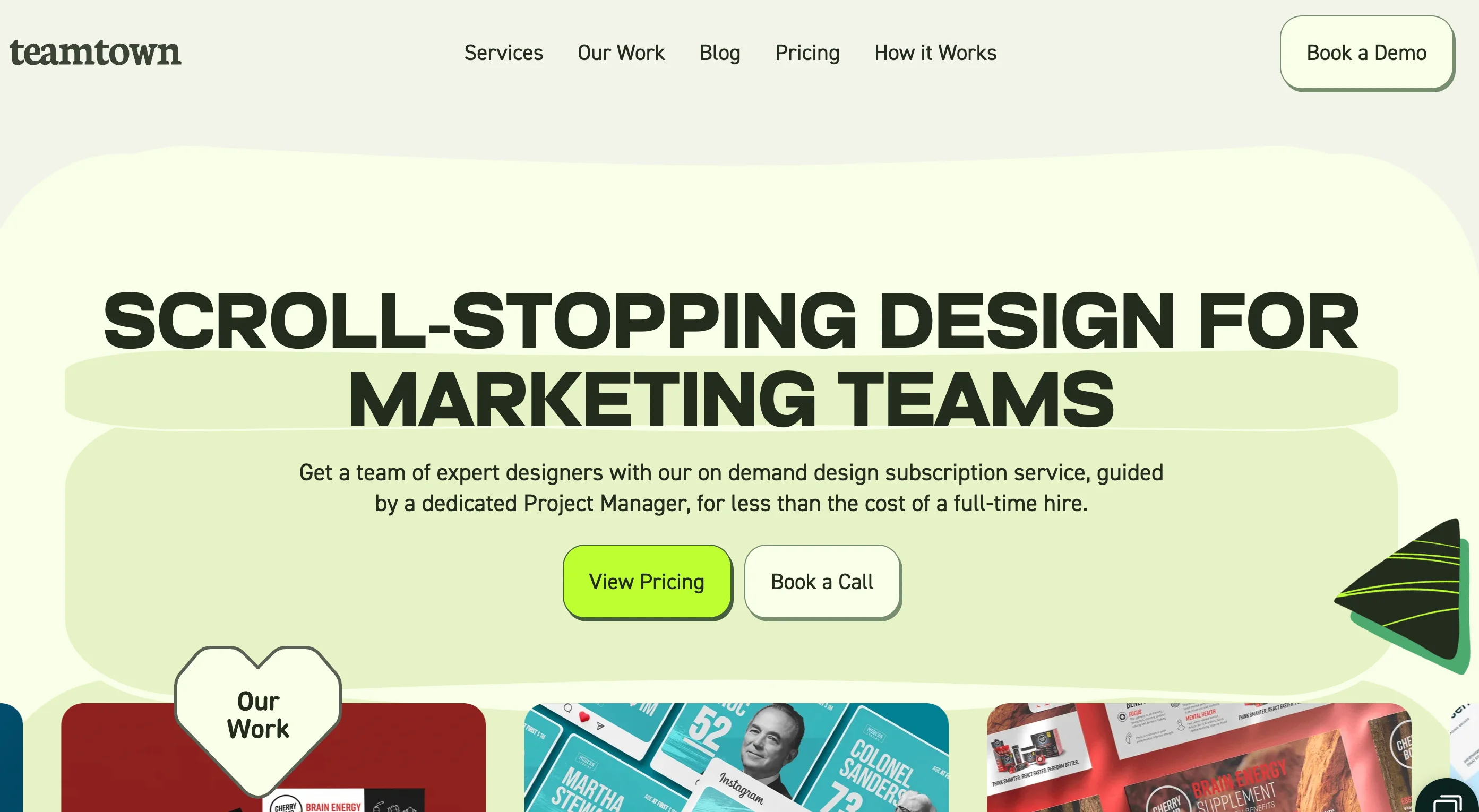 Teamtown homepage promoting their on-demand design subscription service with a dedicated project manager, a flexible Superside alternative with consistent teams