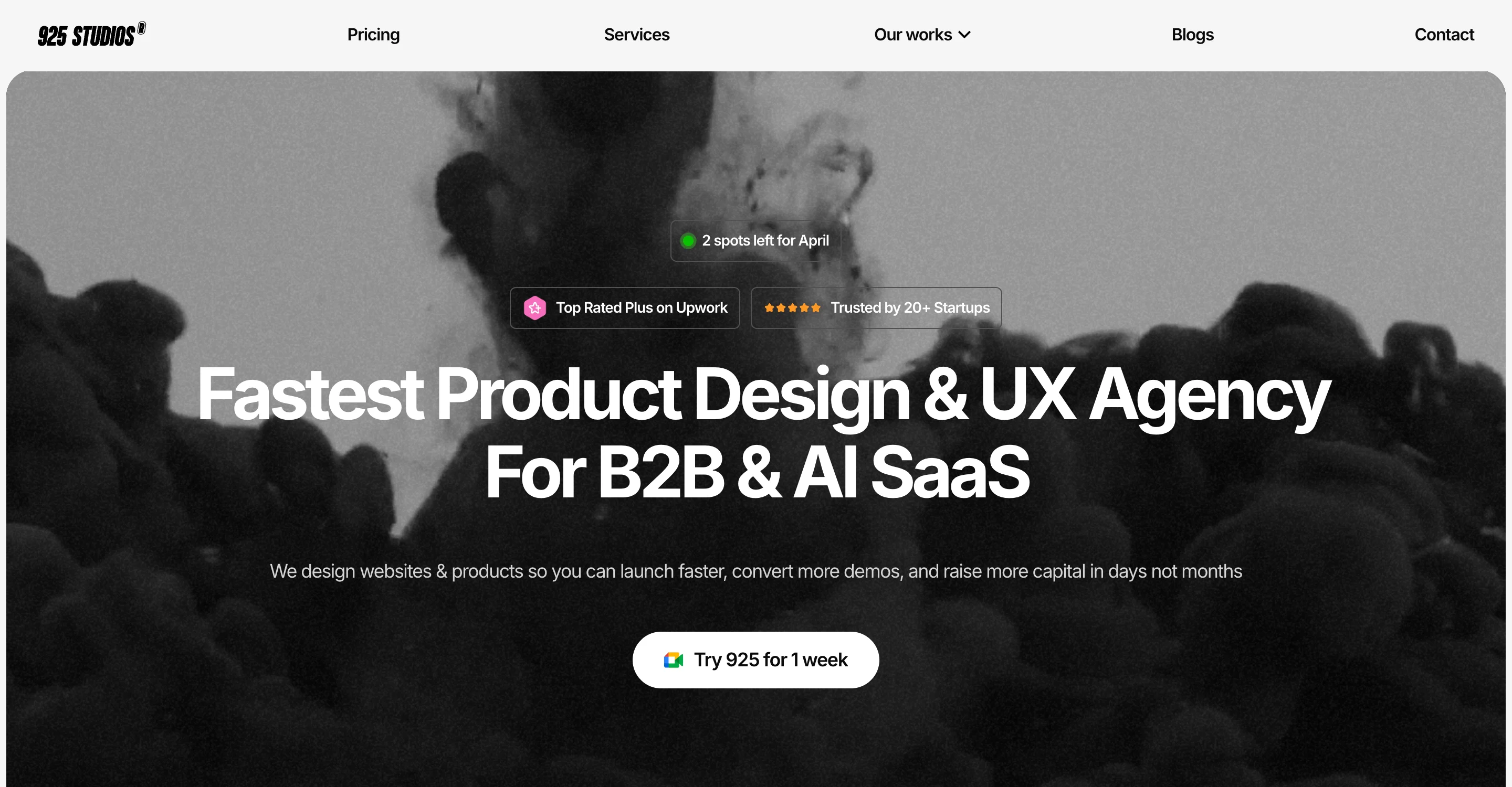 925Studios homepage showcasing their product design and UX agency for B2B and AI SaaS startups with a 1-week free trial, a boutique Superside alternative