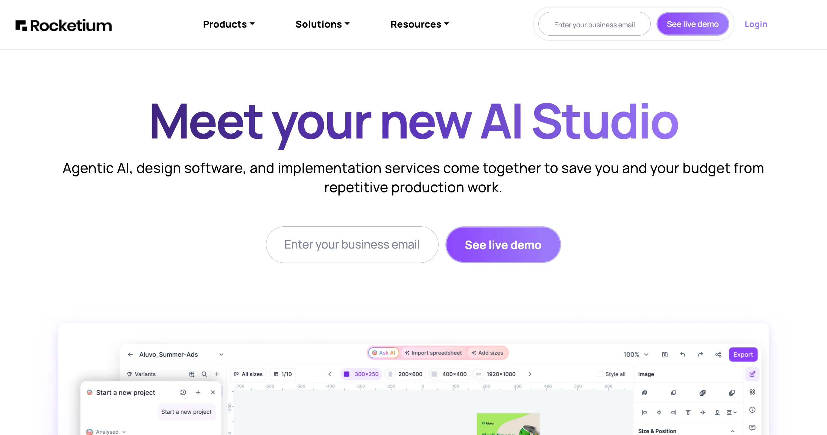 Rocketium homepage featuring their AI Studio for automated creative production and asset adaptation at scale, an AI-powered Superside alternative for retail brands