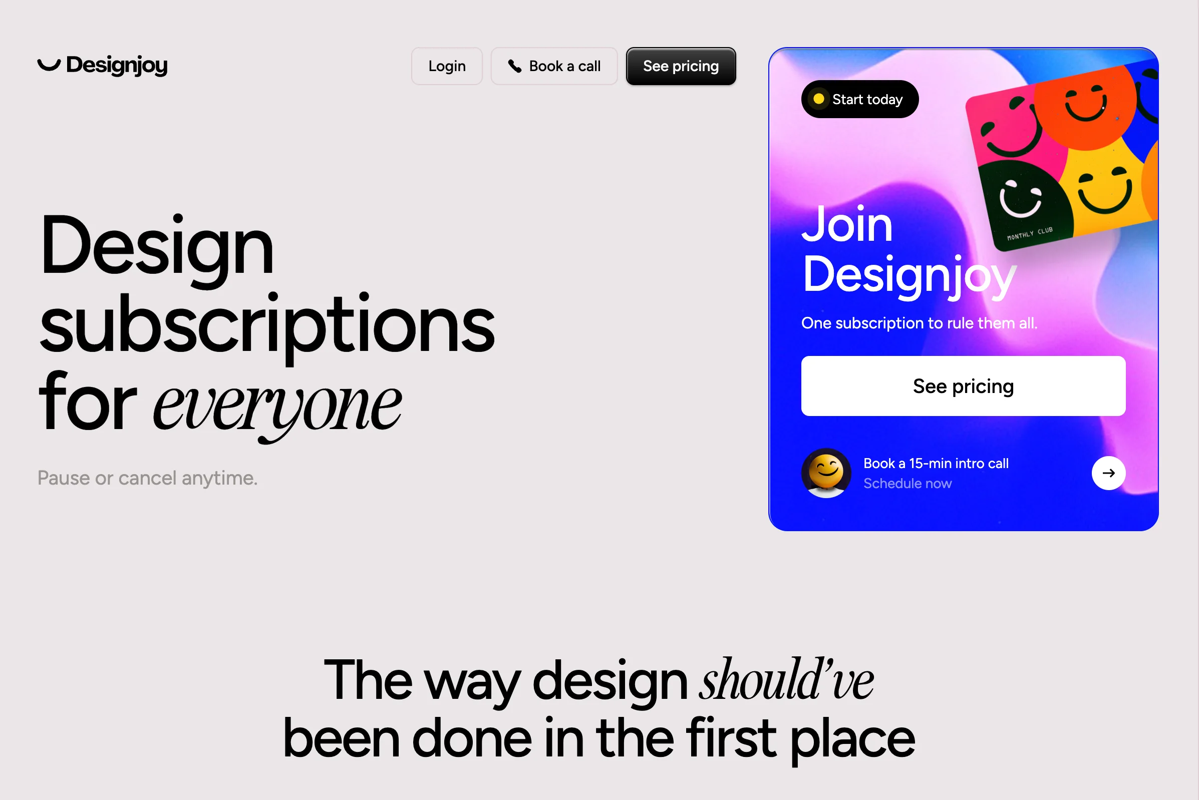 Designjoy homepage promoting their design subscription service with pause or cancel anytime flexibility, a premium solo-designer Superside alternative