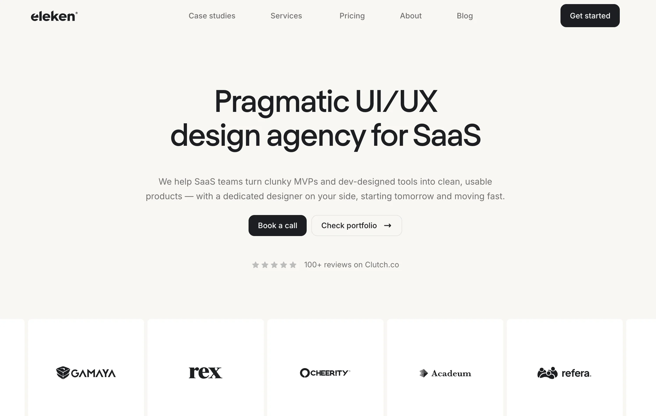 Eleken homepage showcasing their pragmatic UI/UX design agency for SaaS with 100 plus Clutch reviews, a product-focused Superside alternative