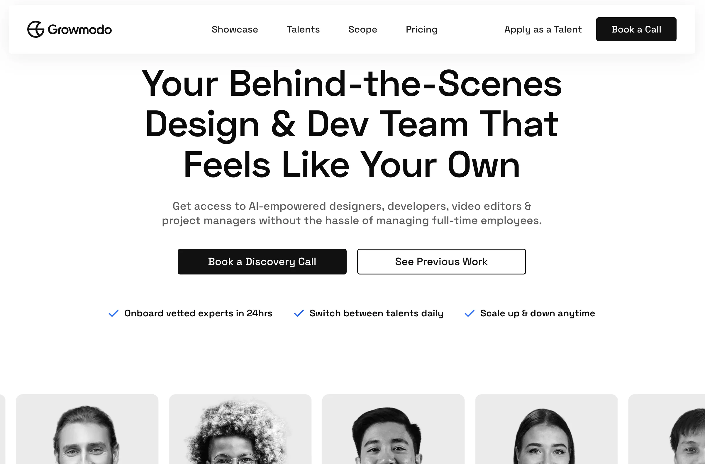 Growmodo homepage featuring their behind-the-scenes design and development team with AI-empowered talent, a hybrid creative and web development Superside alternative