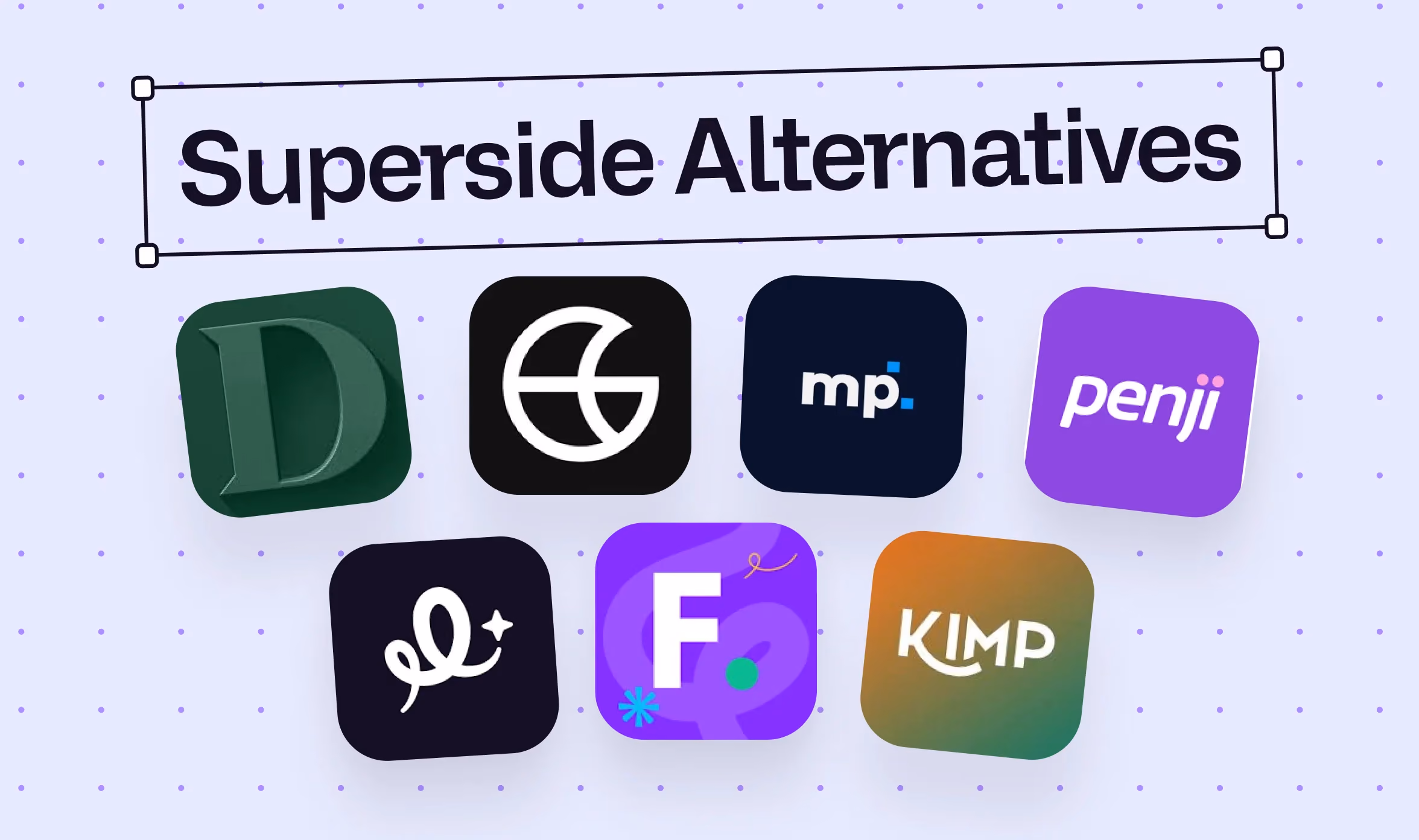 Top Superside alternatives in 2026 featuring logos of leading design subscription services including Designity, Growmodo, ManyPixels, Penji, magier, Flocksy, and Kimp