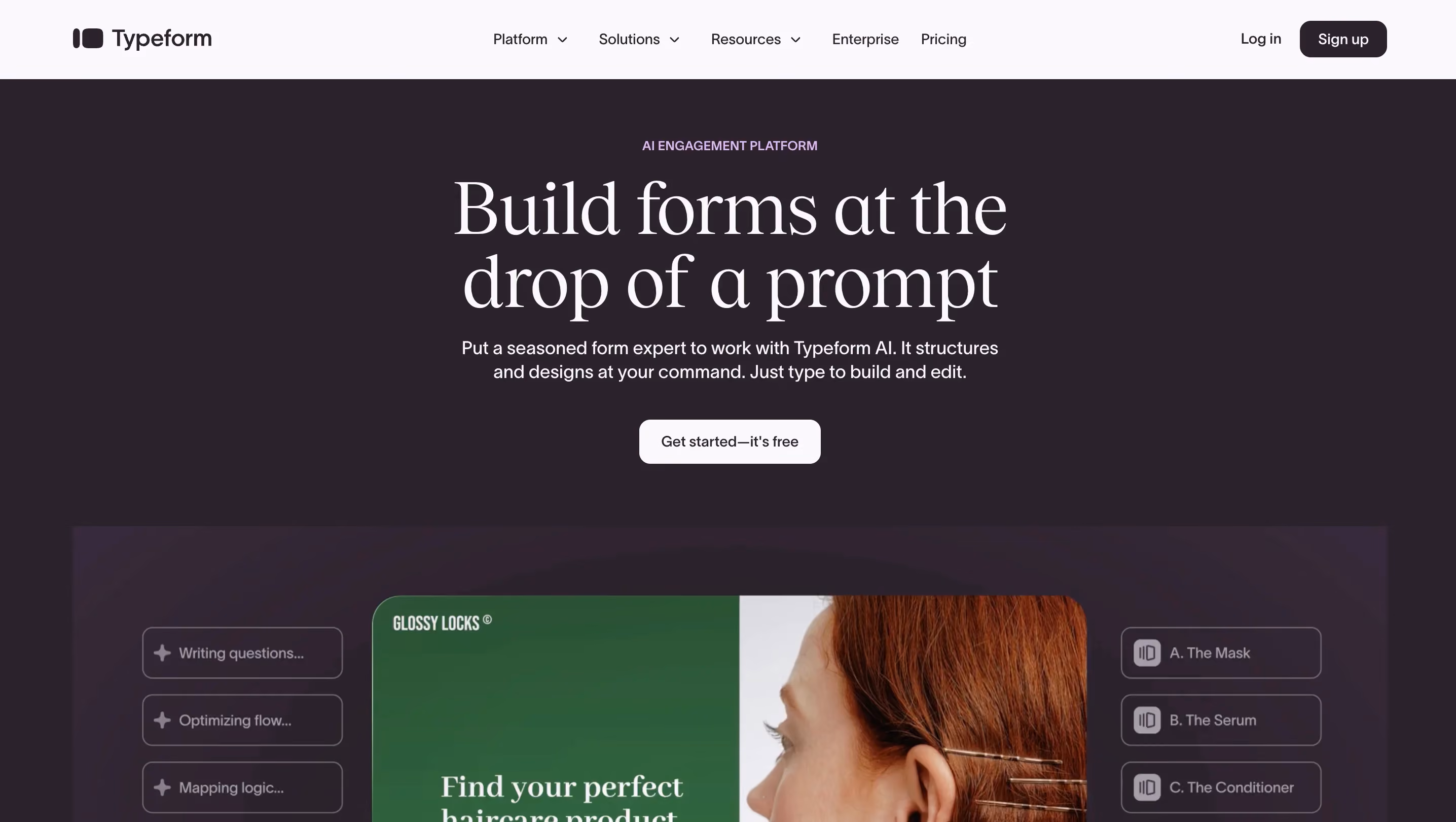 Typeform's B2C SaaS website homepage featuring a dark theme with AI-powered form builder headline and an interactive product demo showing a haircare quiz
