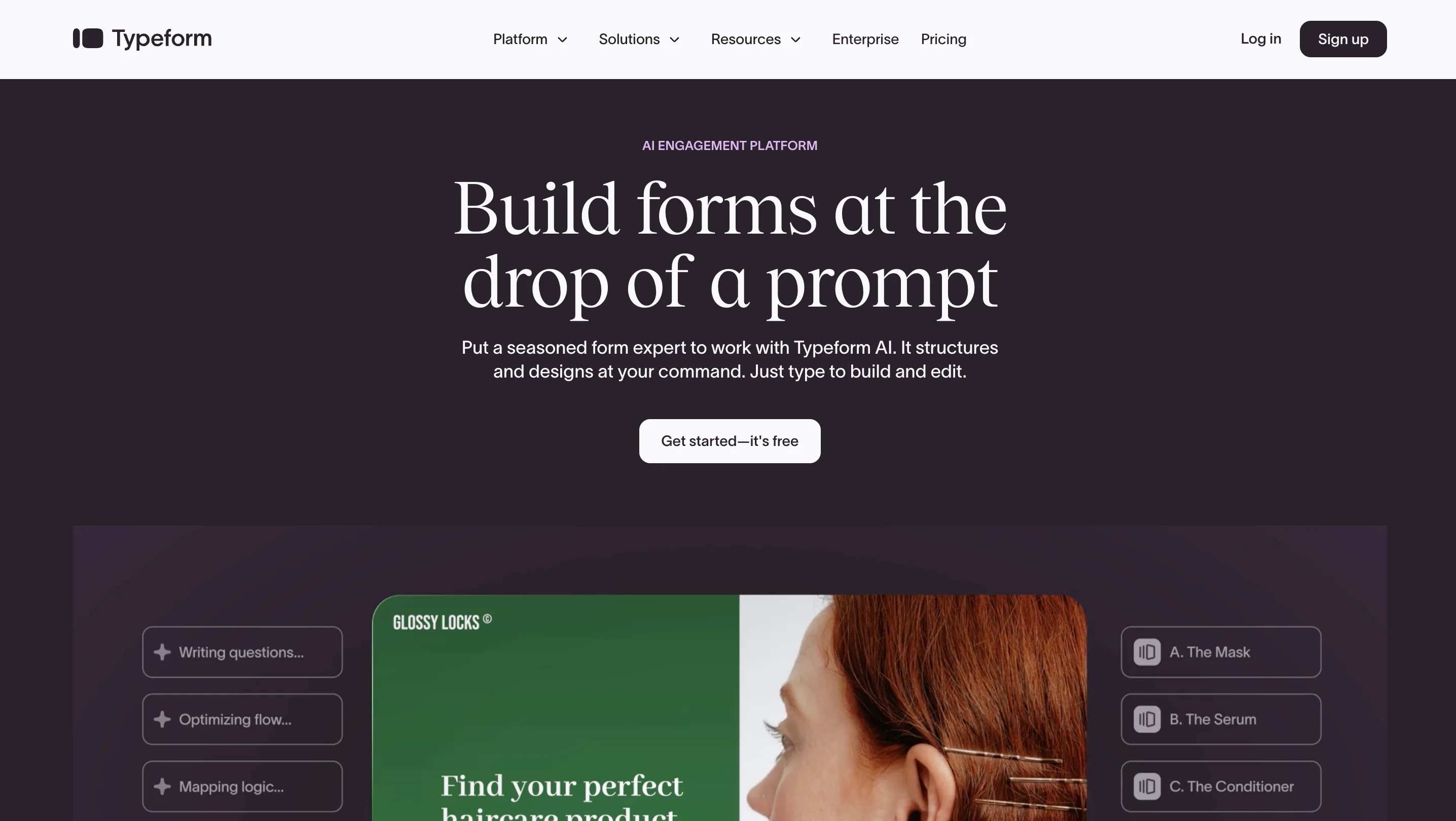 Typeform's B2C SaaS website homepage featuring a dark theme with AI-powered form builder headline and an interactive product demo showing a haircare quiz