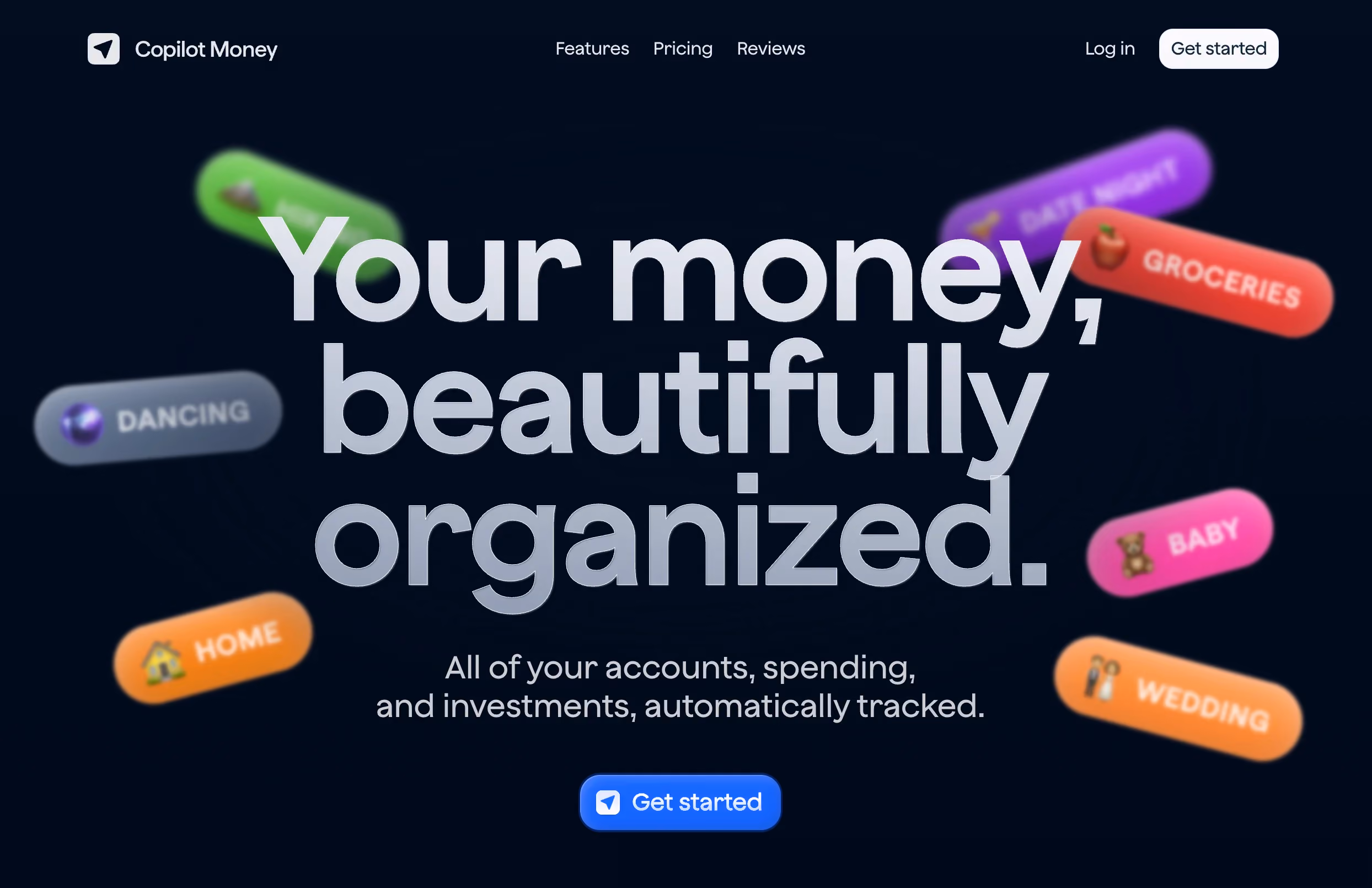 Copilot Money's B2C SaaS website homepage with a bold "Your money, beautifully organized" headline surrounded by colorful floating budget category tags