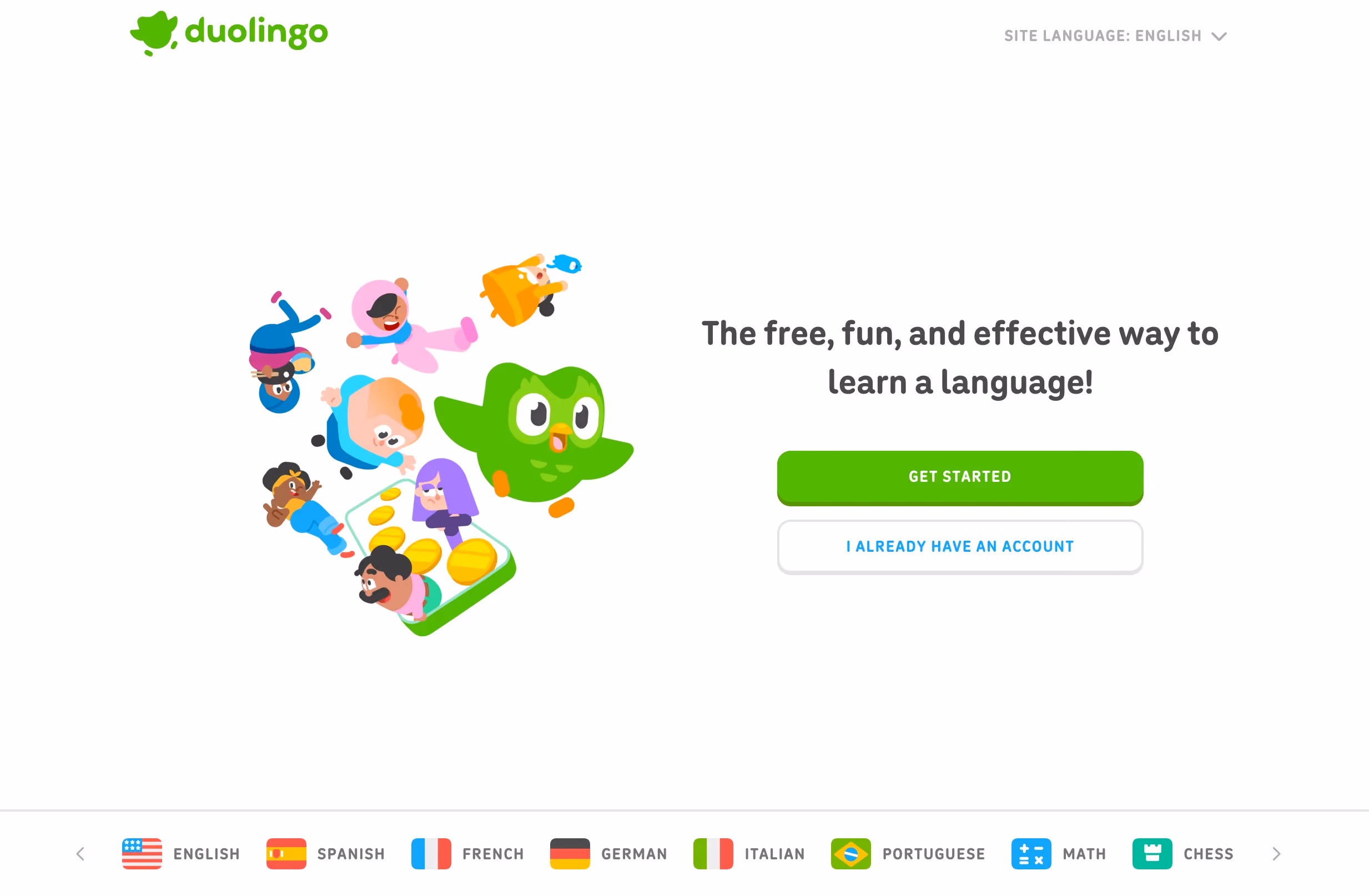 Duolingo's B2C SaaS website homepage showing cartoon character illustrations, the friendly owl mascot, and a playful "Get Started" CTA for language learning