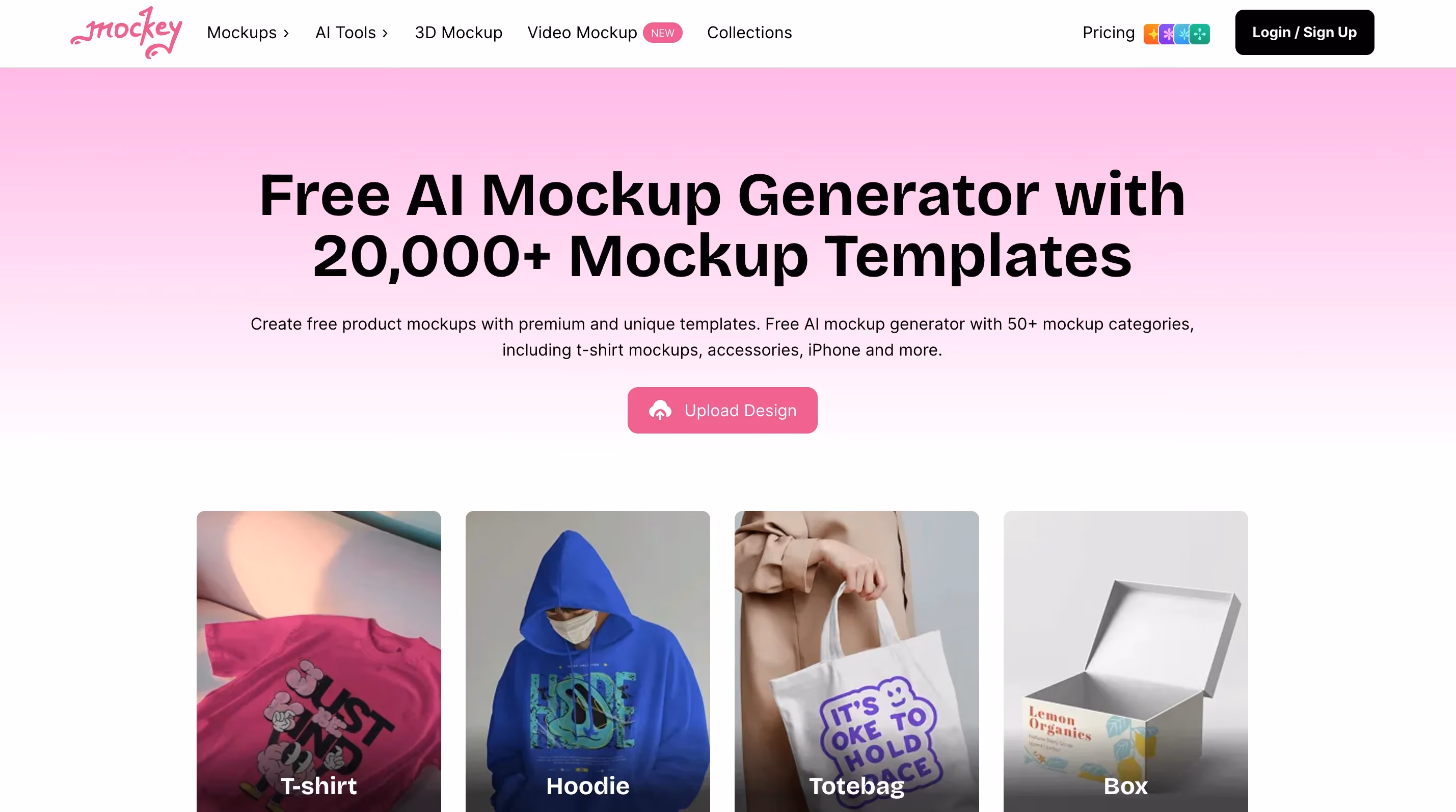 Mockey's free AI mockup generator homepage featuring 20,000+ templates with category cards for t-shirts, hoodies, totebags, and boxes