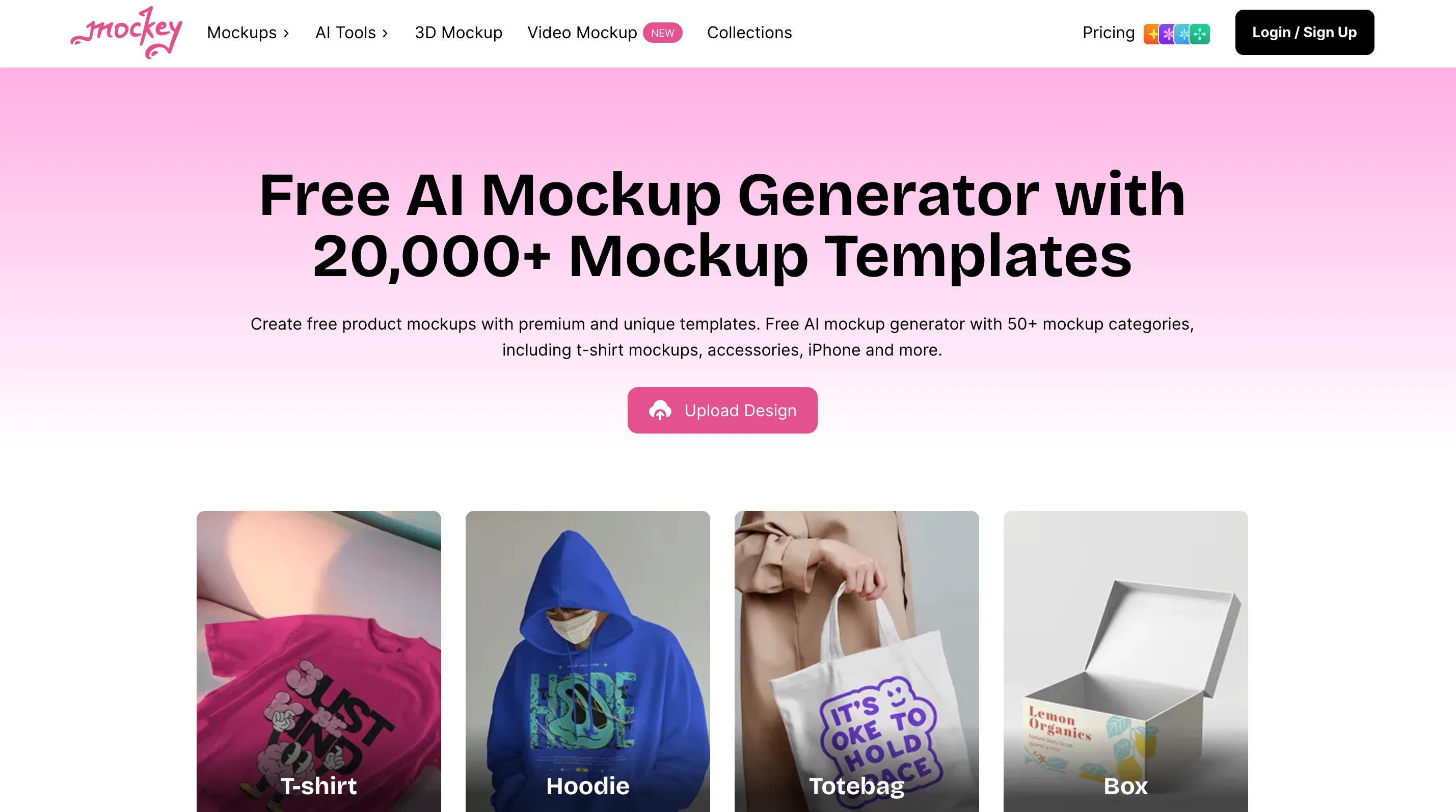 Mockey's free AI mockup generator homepage featuring 20,000+ templates with category cards for t-shirts, hoodies, totebags, and boxes