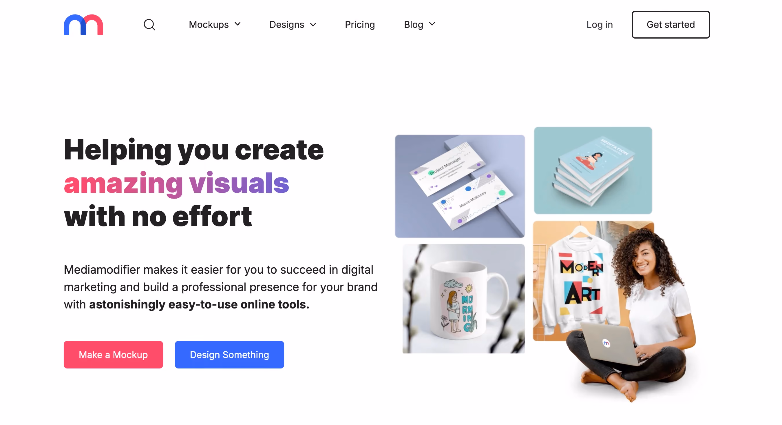 Mediamodifier homepage with "Helping you create amazing visuals with no effort" headline showing mockup examples of business cards, mugs, and t-shirts
