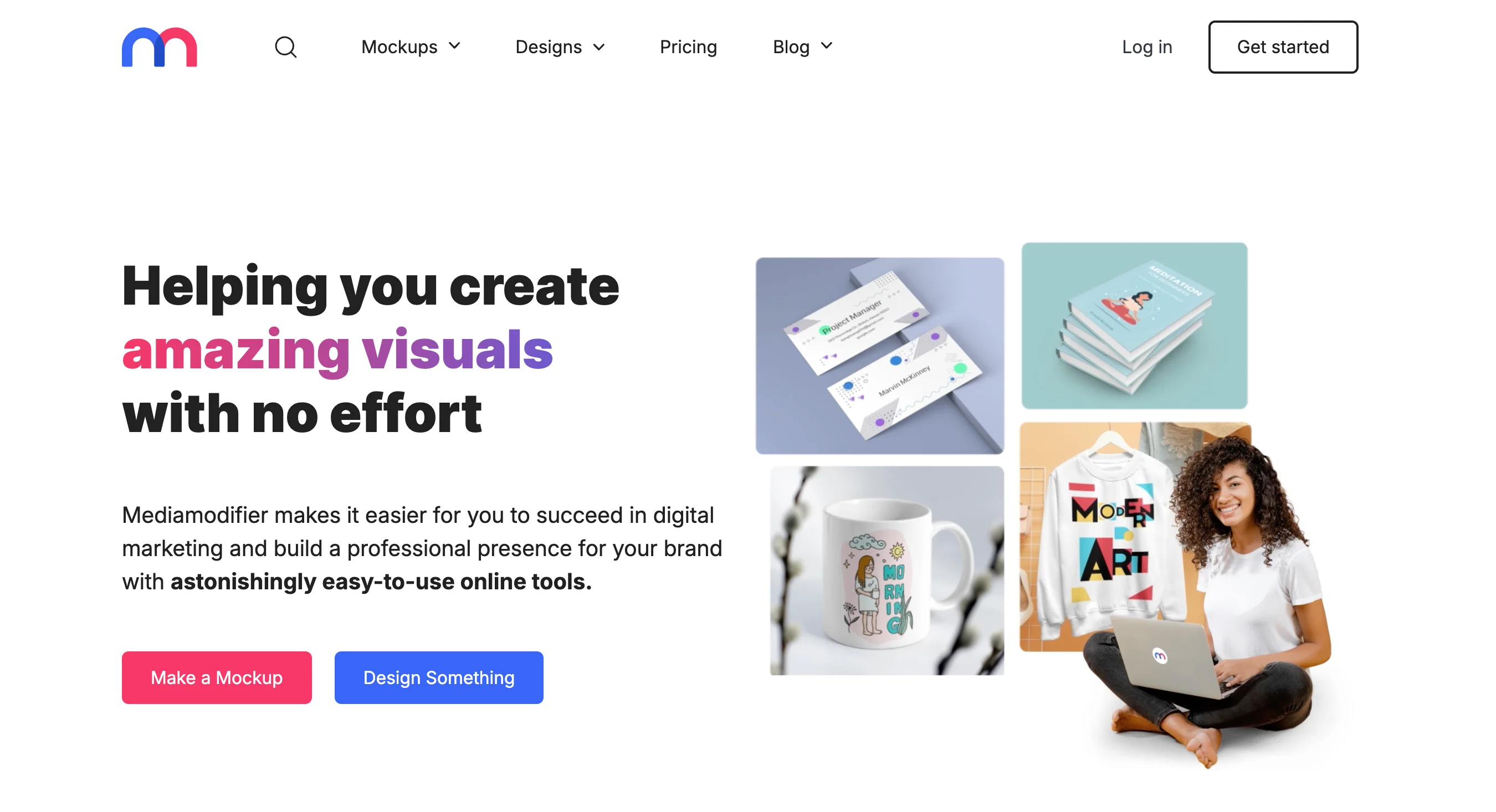 Mediamodifier homepage with "Helping you create amazing visuals with no effort" headline showing mockup examples of business cards, mugs, and t-shirts