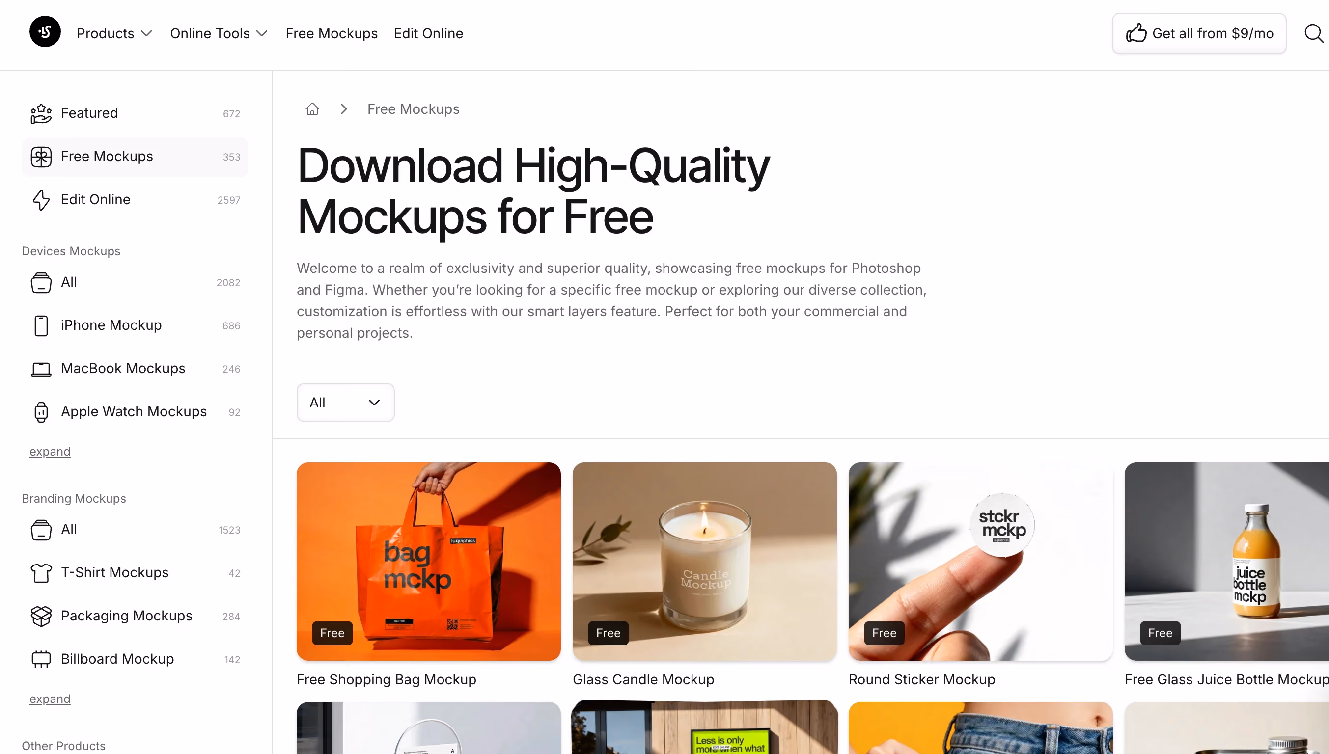 Ls.graphics free mockups library page with sidebar categories for devices, branding, and packaging mockups including shopping bags, candles, and stickers