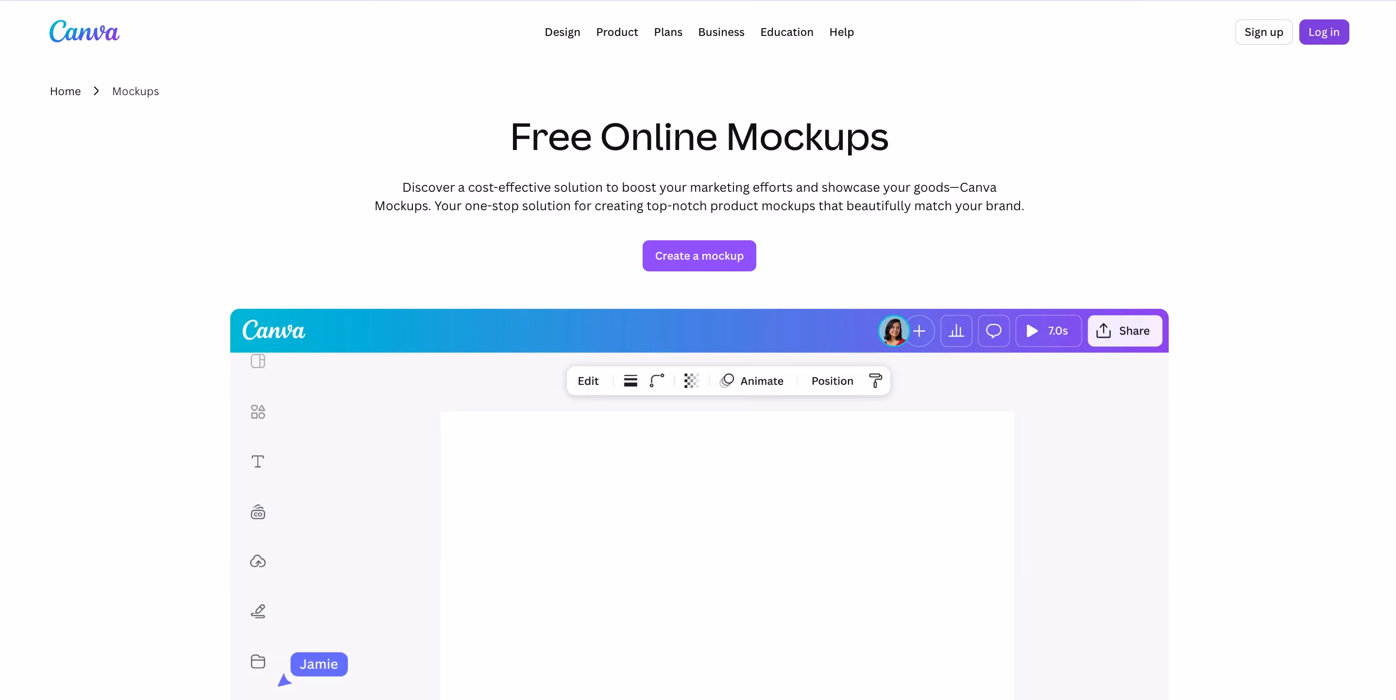 Canva's free online mockups page with a "Create a mockup" CTA and an embedded preview of the Canva design editor interface