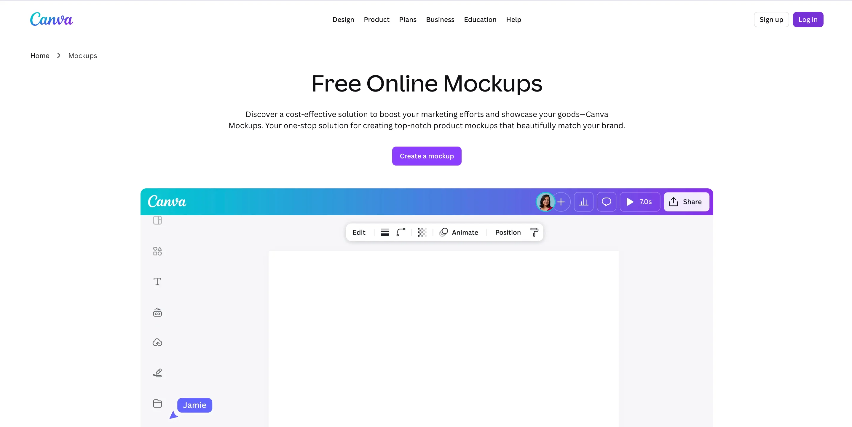 Canva's free online mockups page with a "Create a mockup" CTA and an embedded preview of the Canva design editor interface