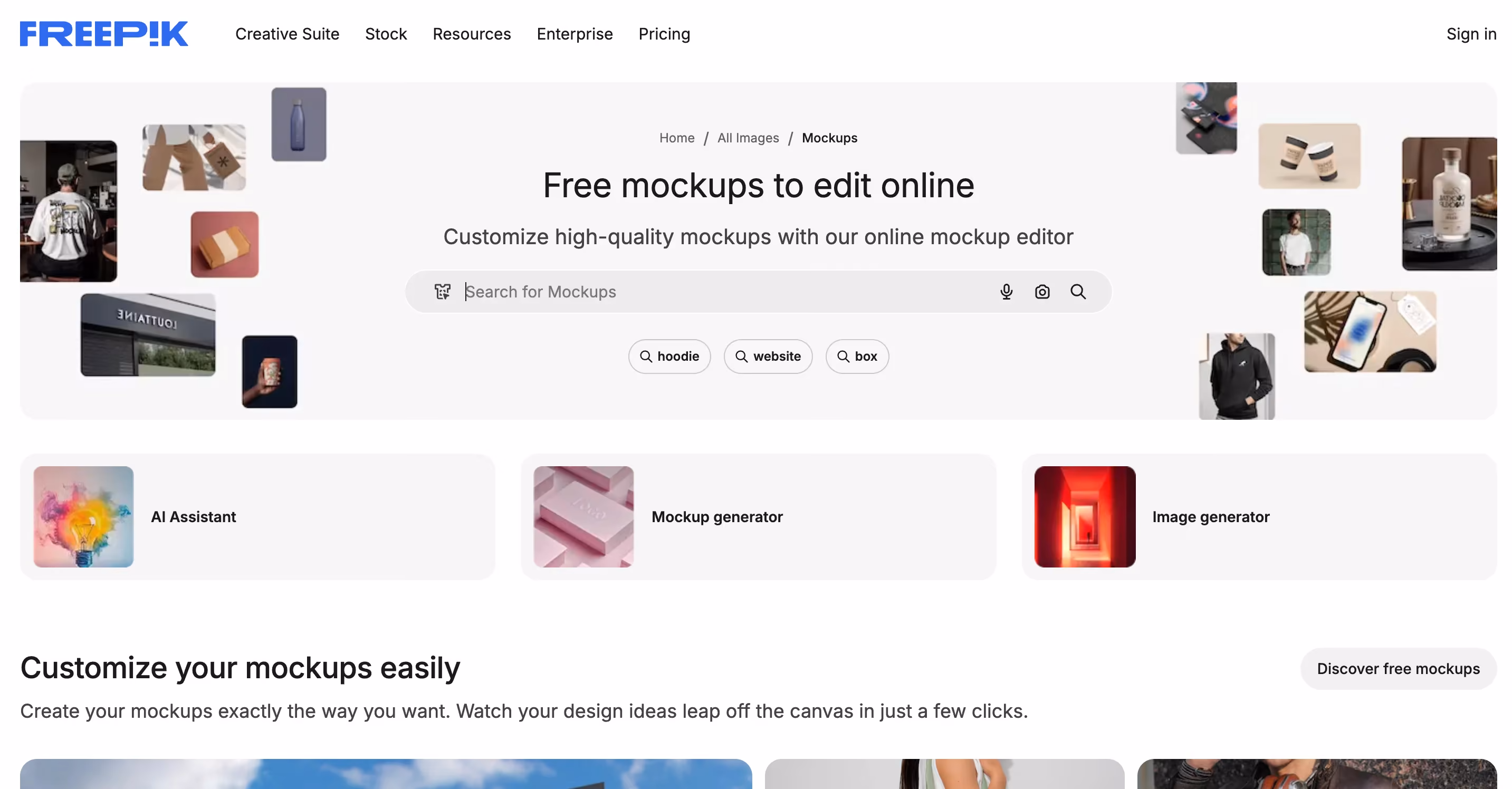 Freepik's free online mockup editor homepage showing a search bar, sample product mockups, and AI-powered tools like mockup generator and image generator