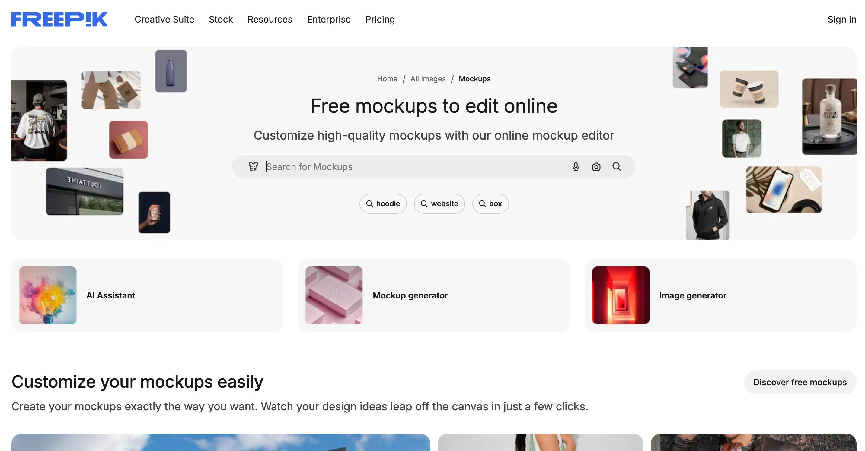 Freepik's free online mockup editor homepage showing a search bar, sample product mockups, and AI-powered tools like mockup generator and image generator