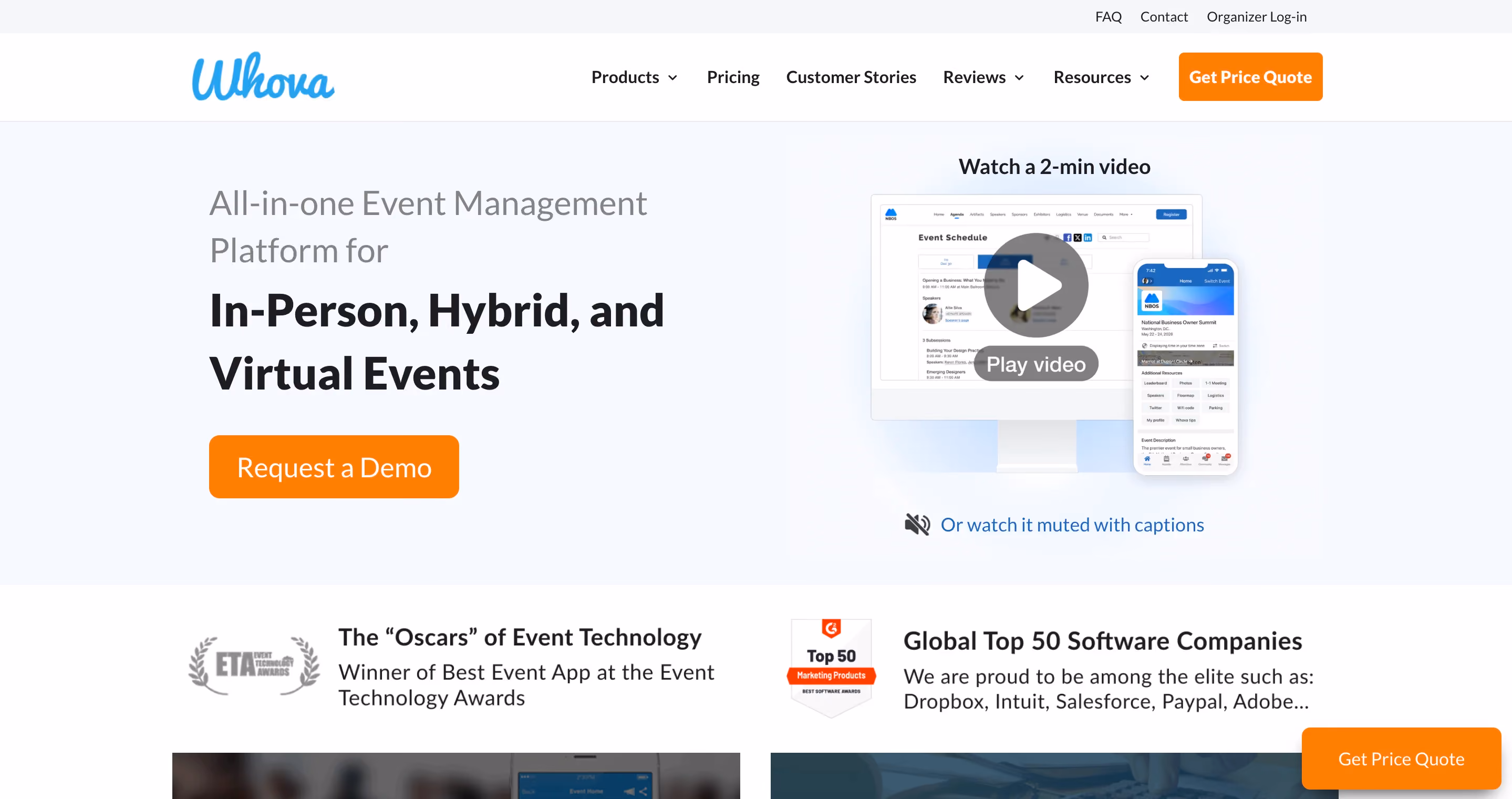 Whova's all-in-one event management platform homepage showing a demo video, "Request a Demo" CTA, and award badges for Best Event App and G2 Global Top 50 Software