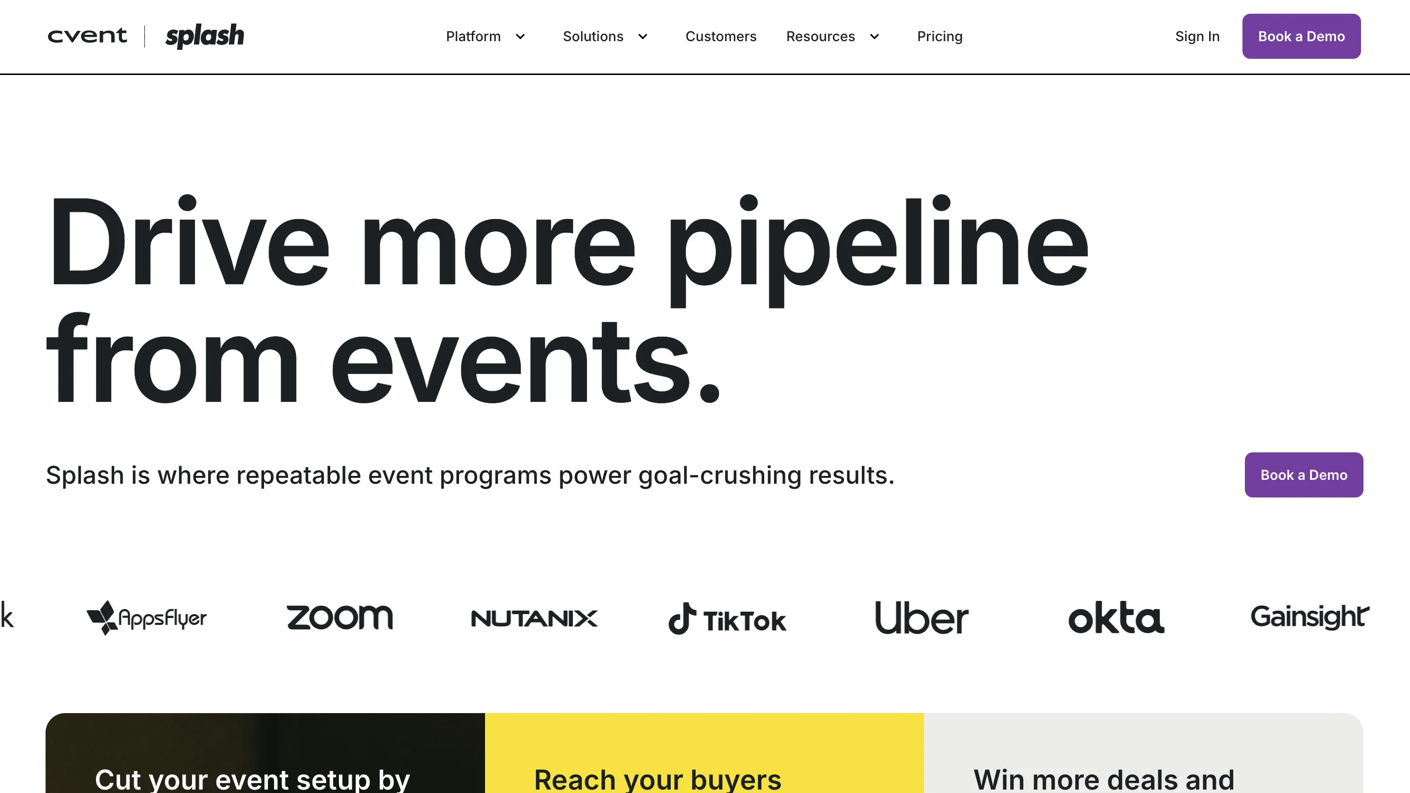 Splash (by Cvent) event marketing platform homepage with "Drive more pipeline from events" headline and client logos including Zoom, TikTok, Uber, and Okta