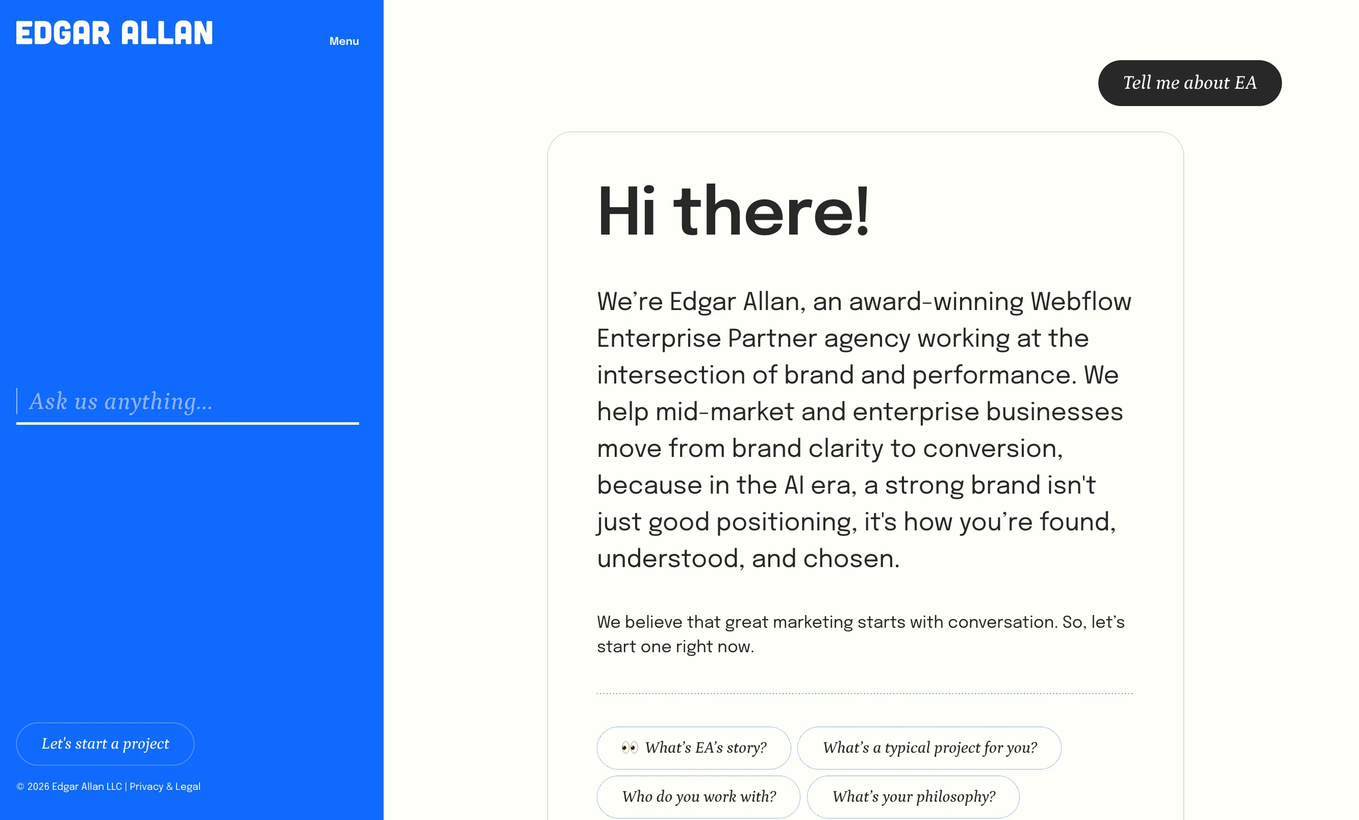 Edgar Allan Webflow development agency homepage with a conversational AI chat interface and description of their enterprise partner services