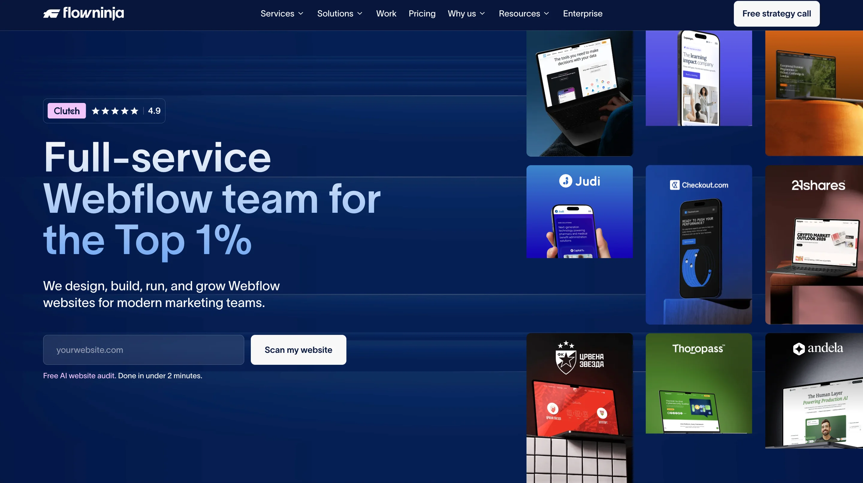 Flow Ninja Webflow development agency homepage featuring a dark blue design with client project showcases and Clutch 4.9 rating