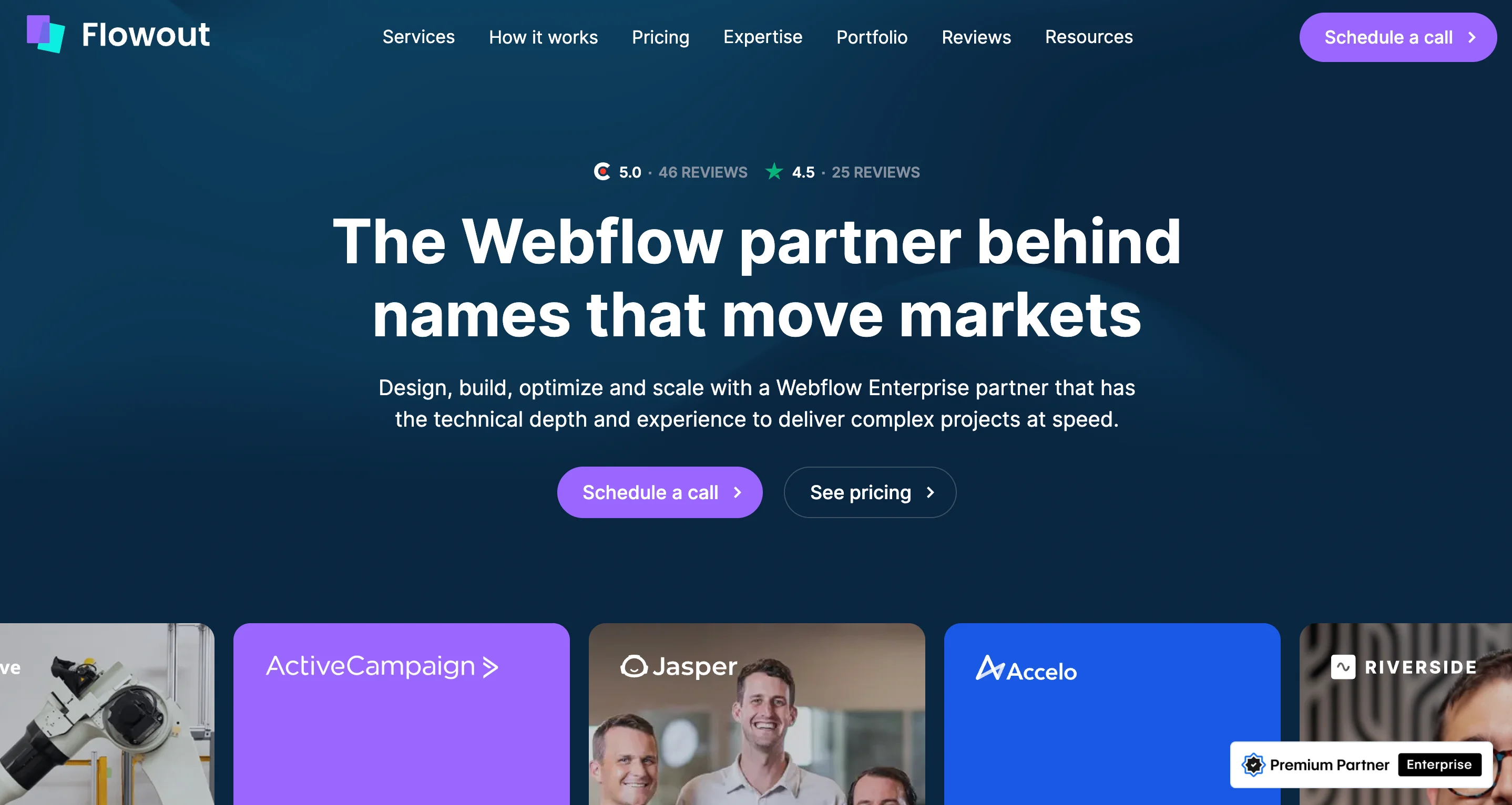 Flowout Webflow development agency homepage highlighting their Premium Partner and Enterprise status with client logos like ActiveCampaign and Jasper