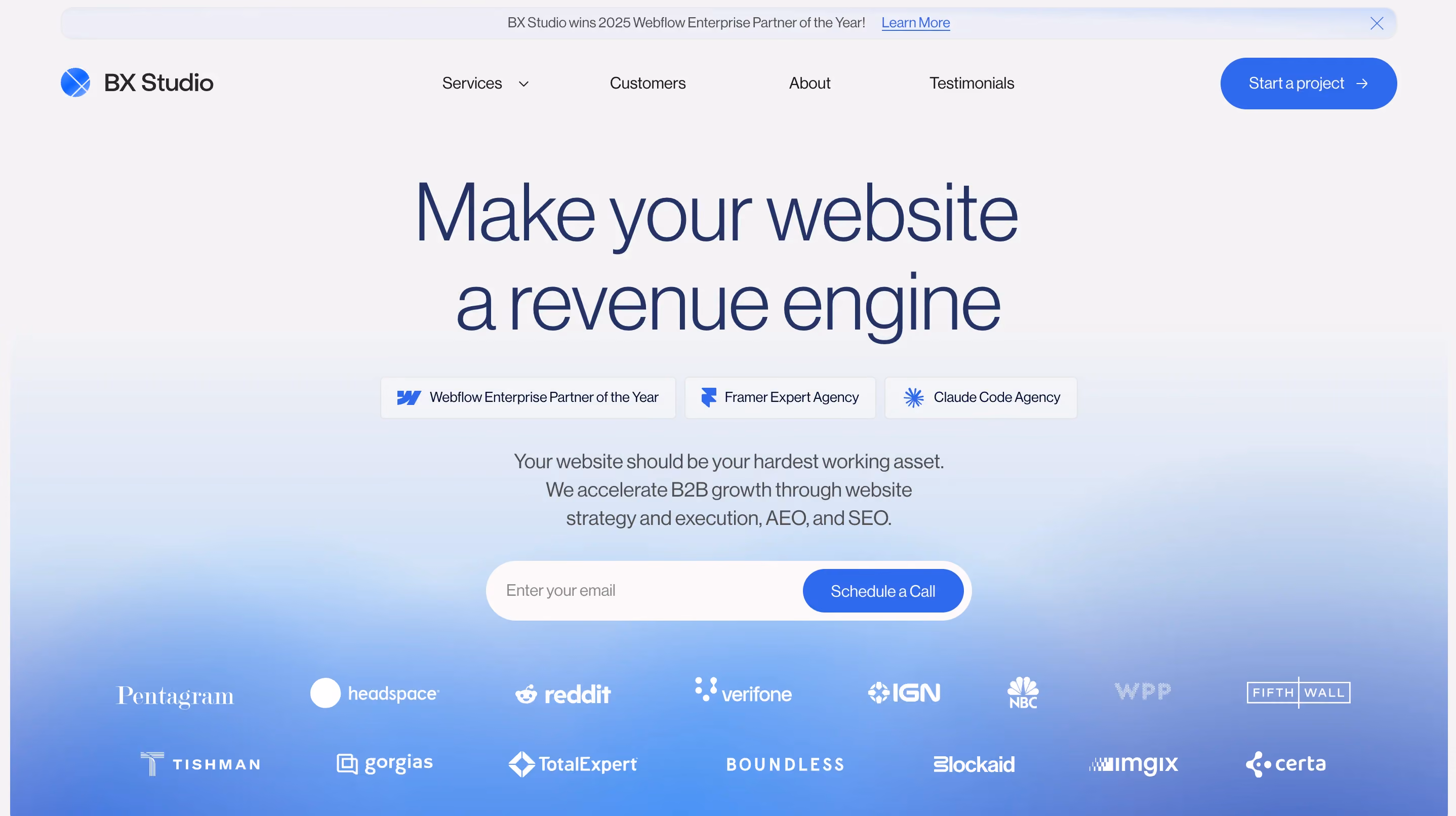 BX Studio Webflow development agency homepage showcasing their 2025 Enterprise Partner of the Year award with client logos including Reddit and Headspace
