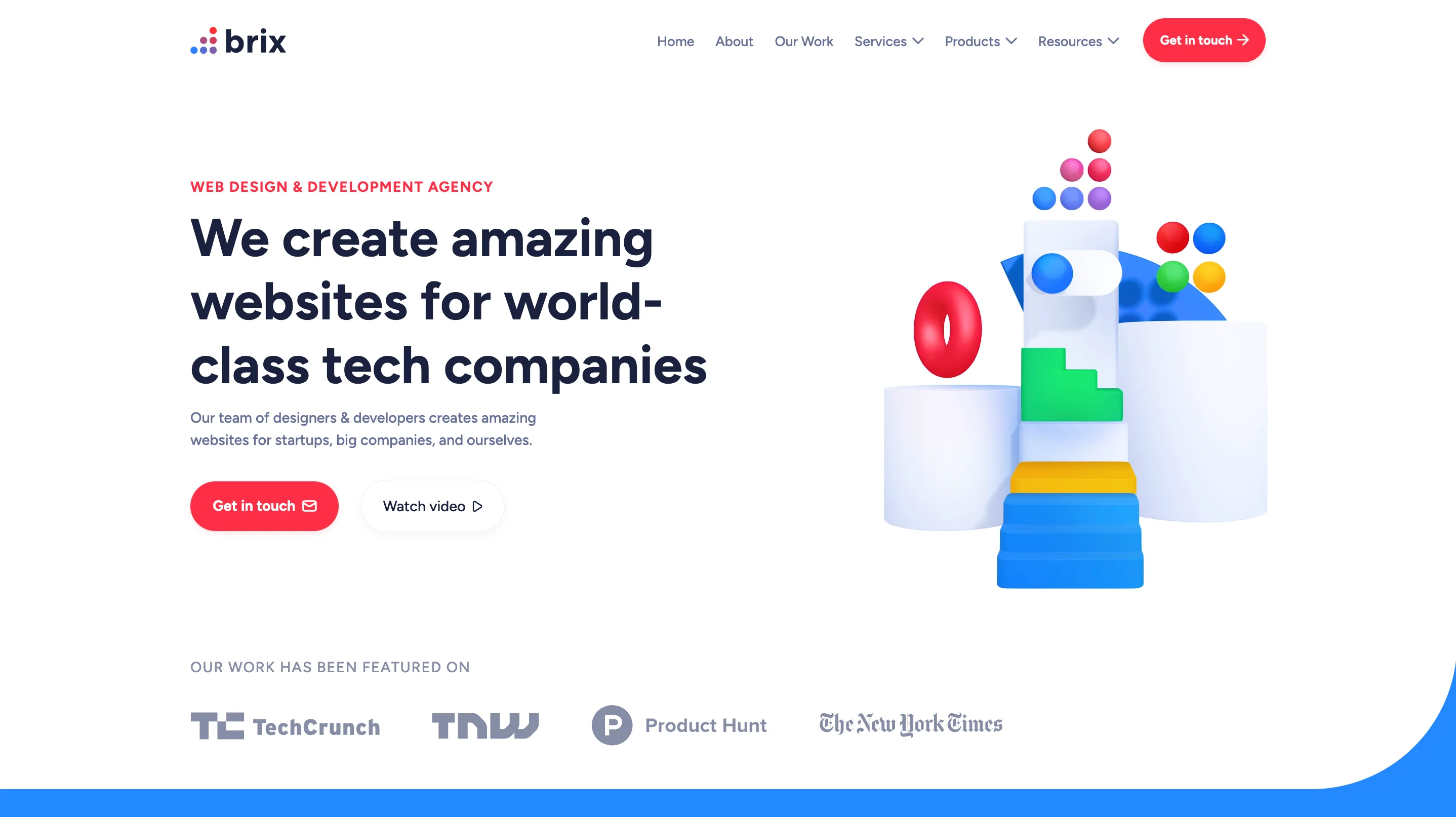 BRIX Agency Webflow development agency homepage with 3D illustrations and press features from TechCrunch and The New York Times