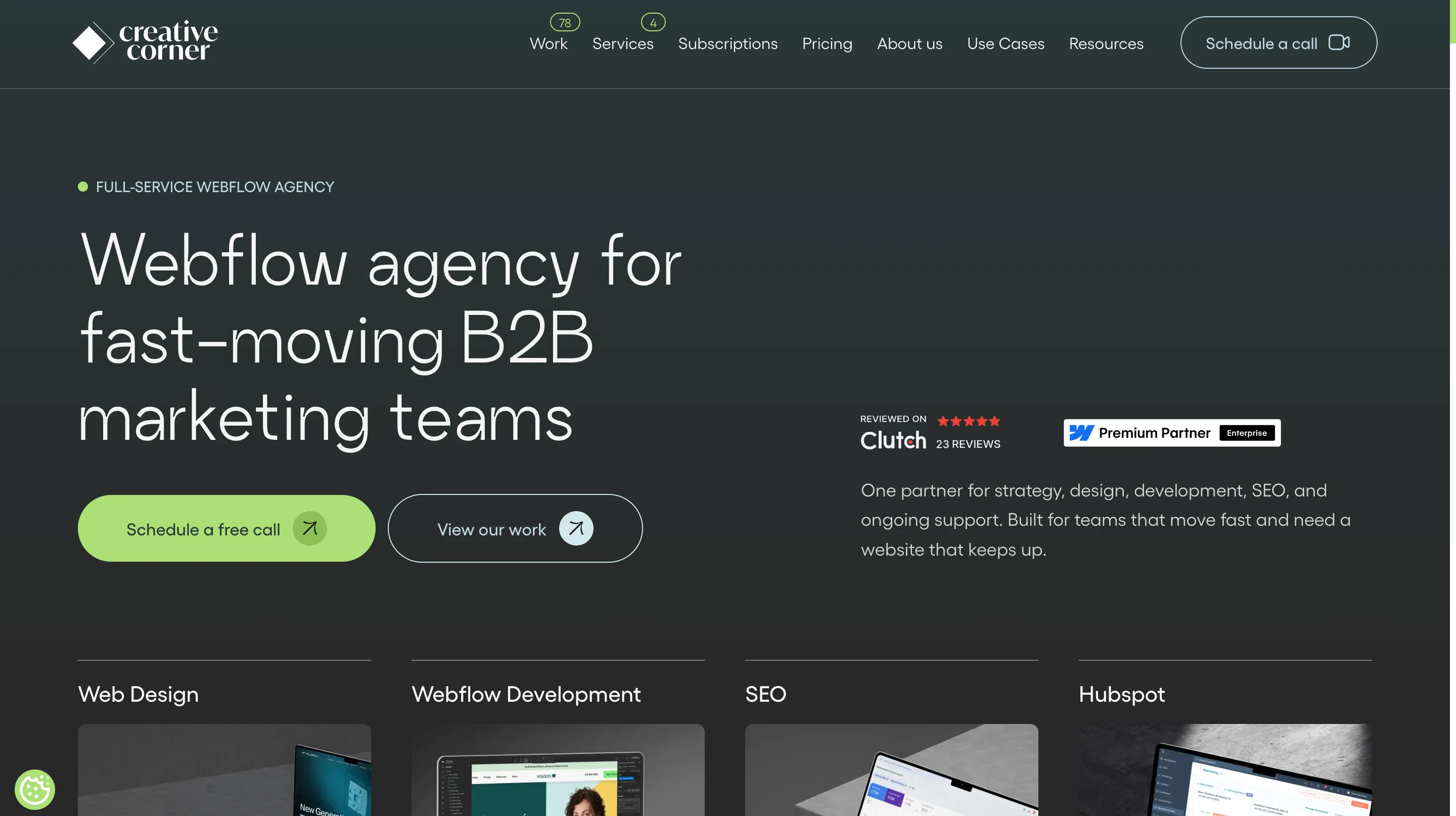 Creative Corner full-service Webflow development agency homepage with dark theme showing their Premium Partner badge and Clutch reviews