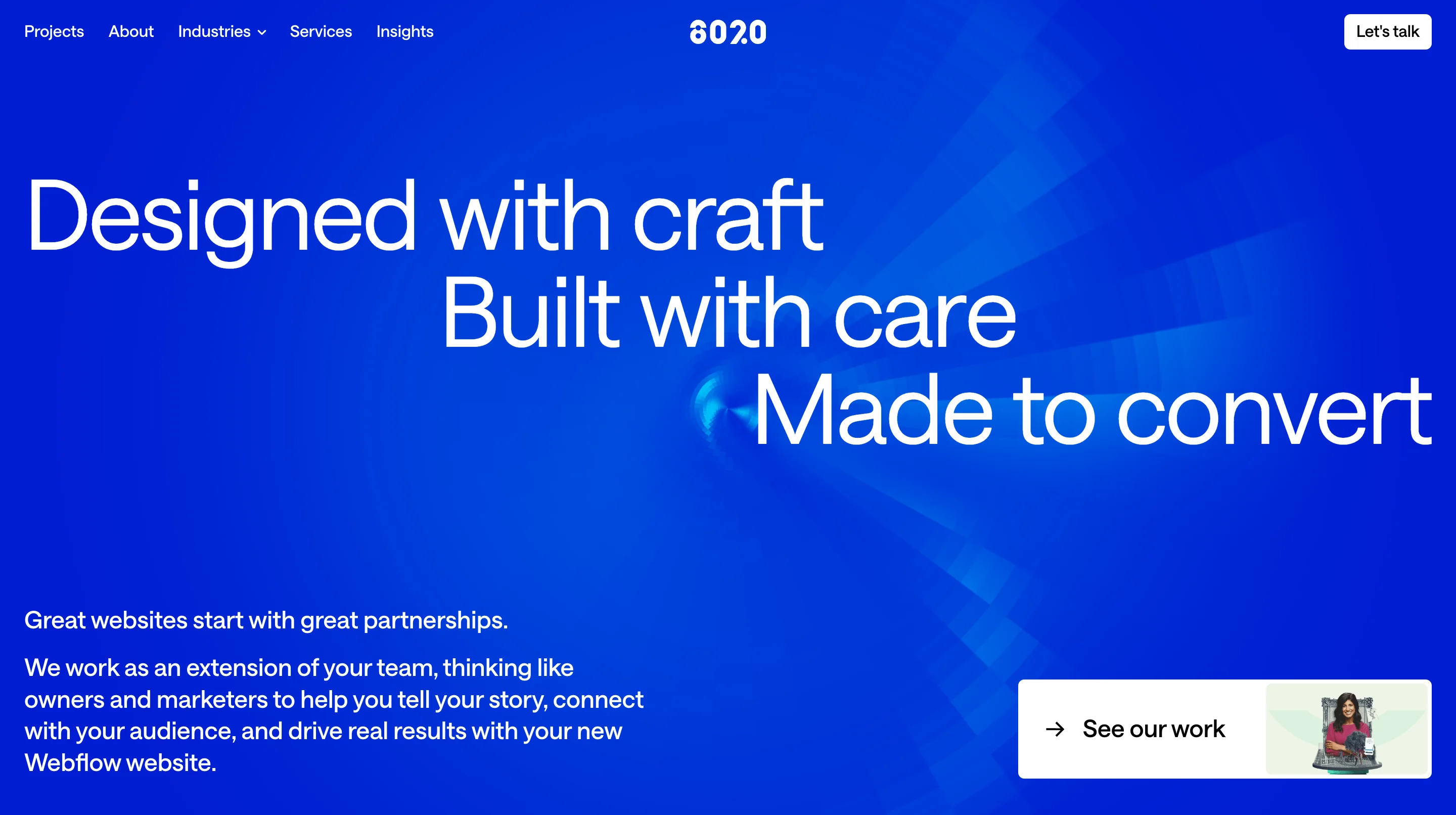 8020 Webflow development agency homepage with bold blue background and tagline about craft, care, and conversion