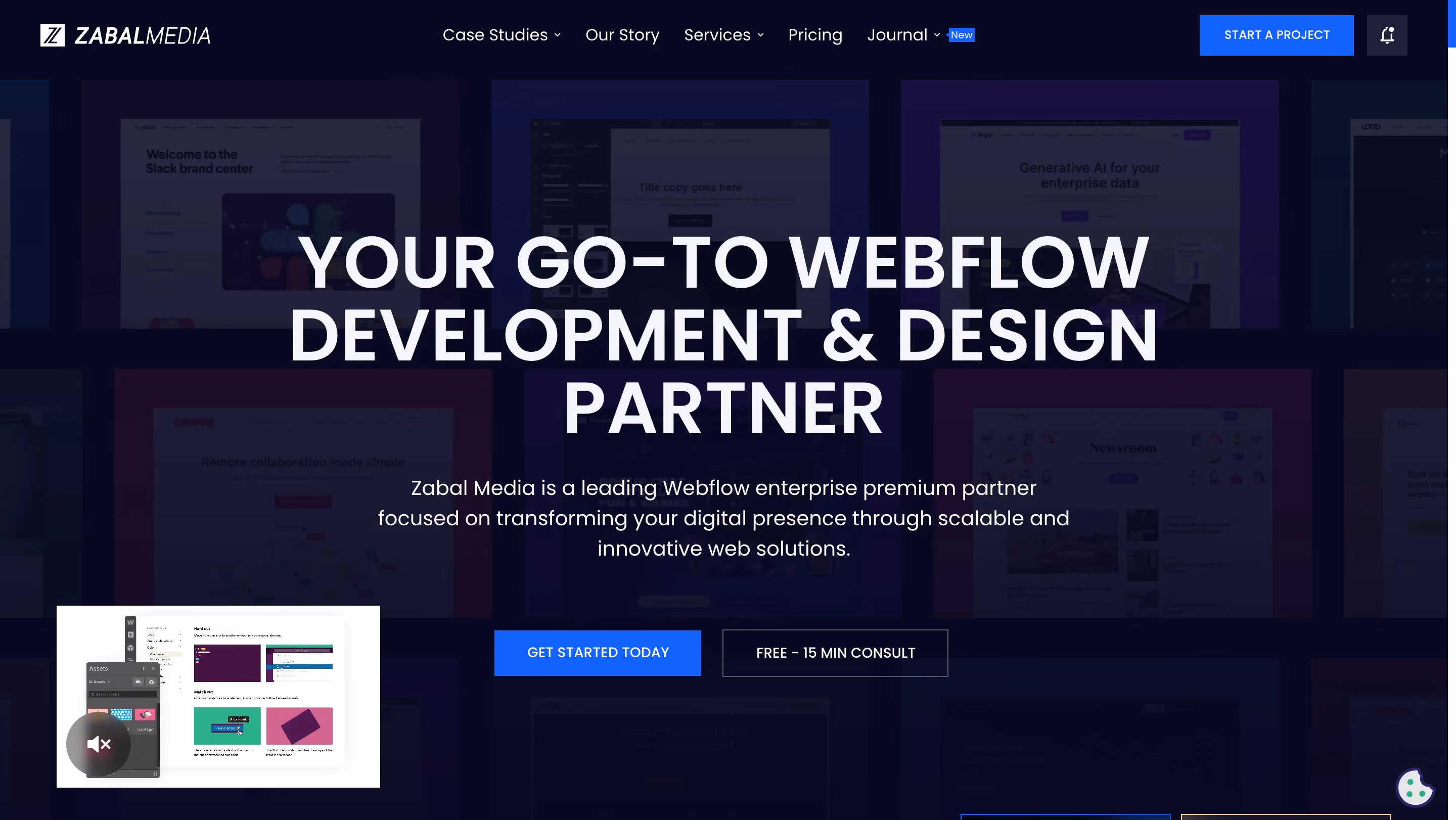 Zabal Media Webflow development agency homepage highlighting their enterprise premium partner status with project screenshots in the background