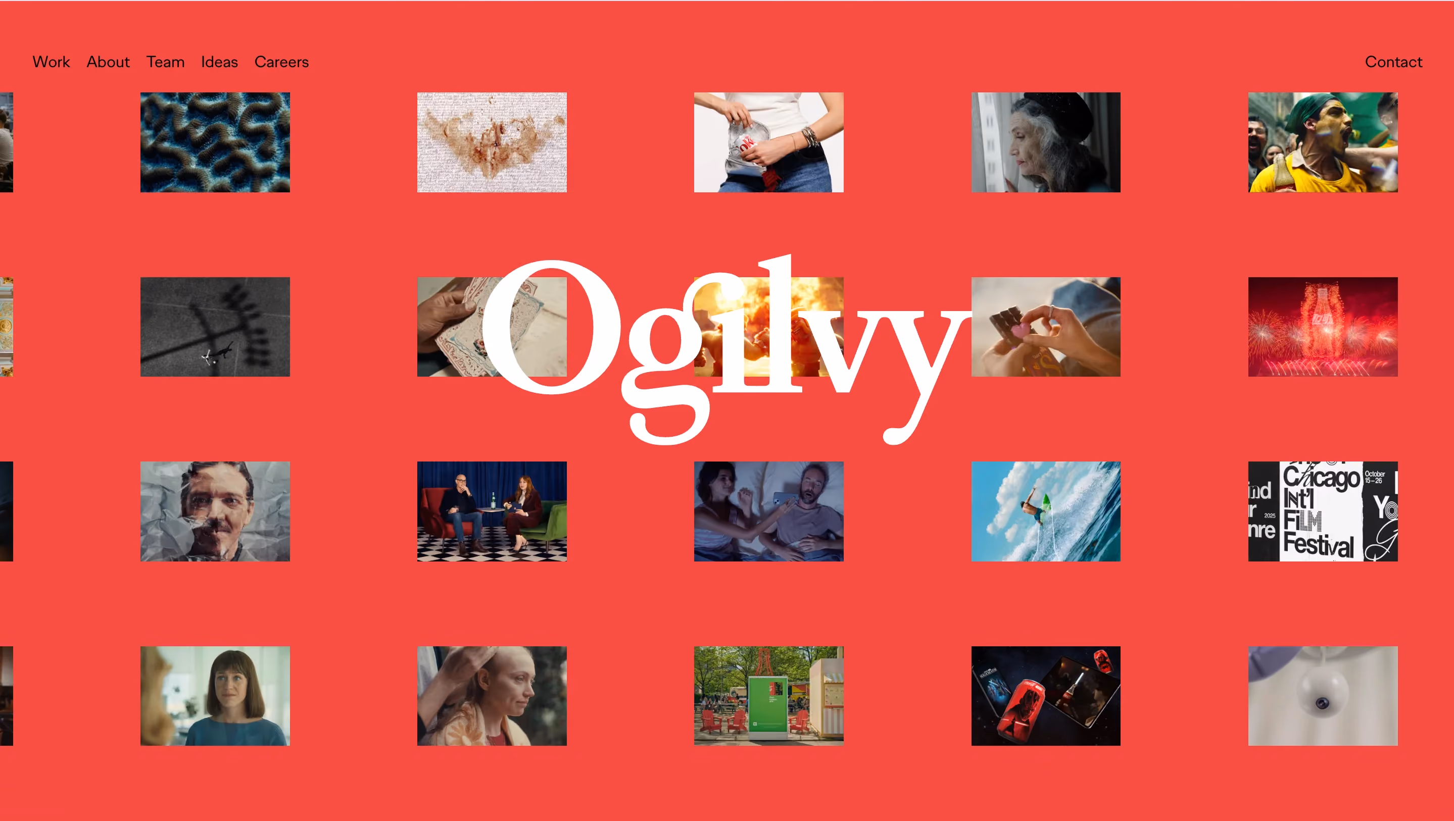 Homepage of Ogilvy, one of the best creative agencies for integrated global campaigns, displaying a grid of campaign imagery with their iconic red background and wordmark