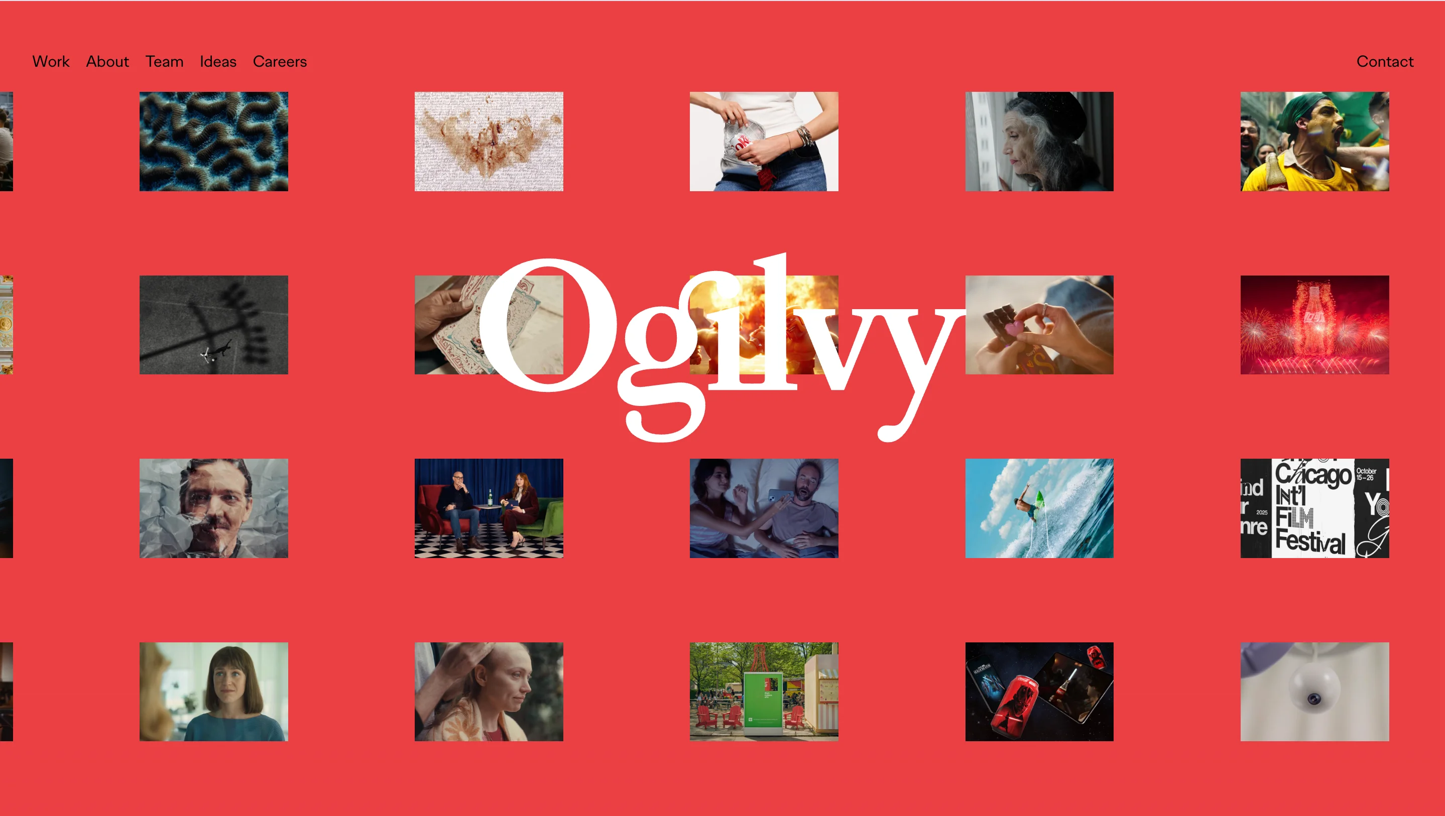 Homepage of Ogilvy, one of the best creative agencies for integrated global campaigns, displaying a grid of campaign imagery with their iconic red background and wordmark