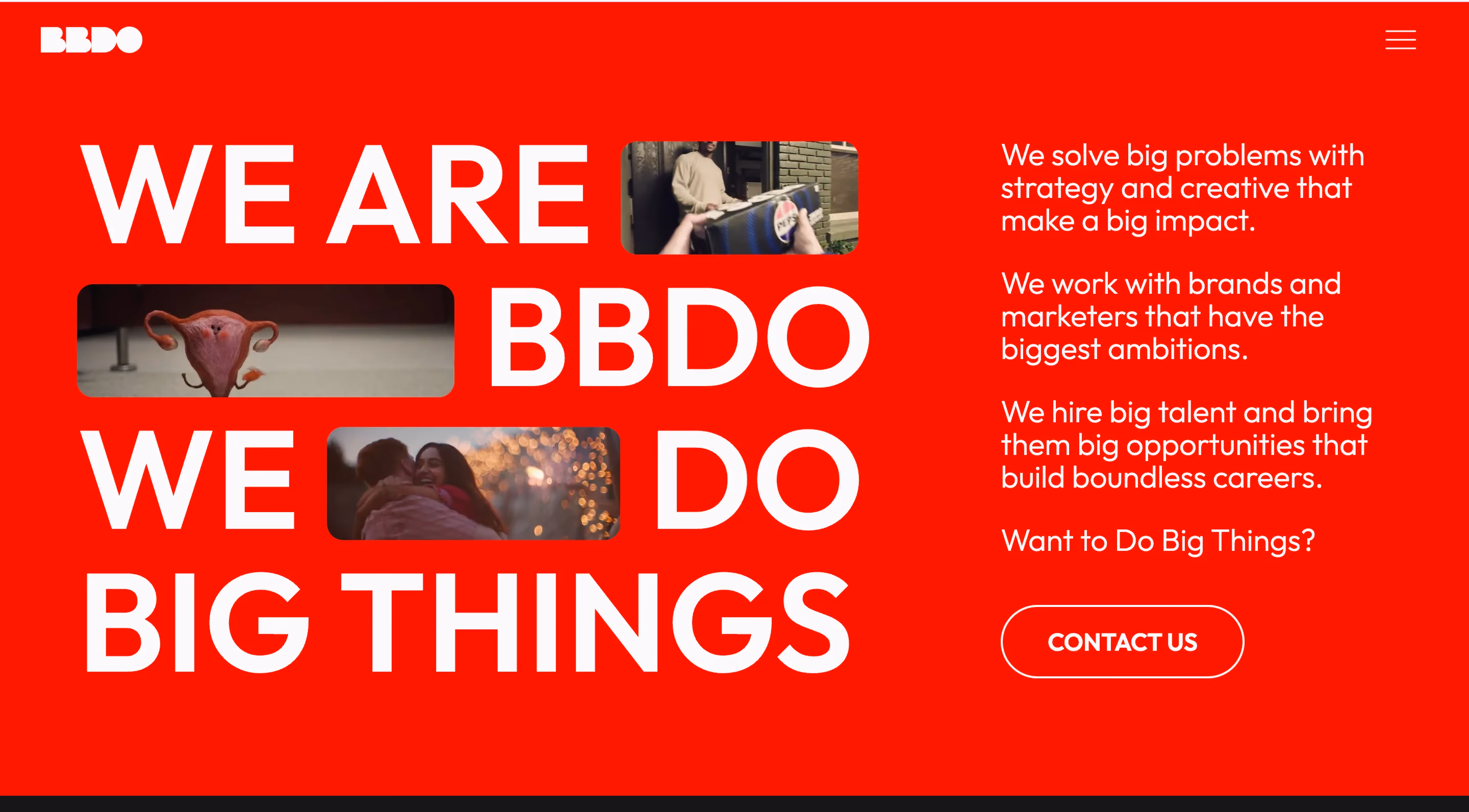 Homepage of BBDO, one of the best creative agencies for emotionally driven advertising, featuring their bold red branding with the tagline "We are BBDO. We do big things"