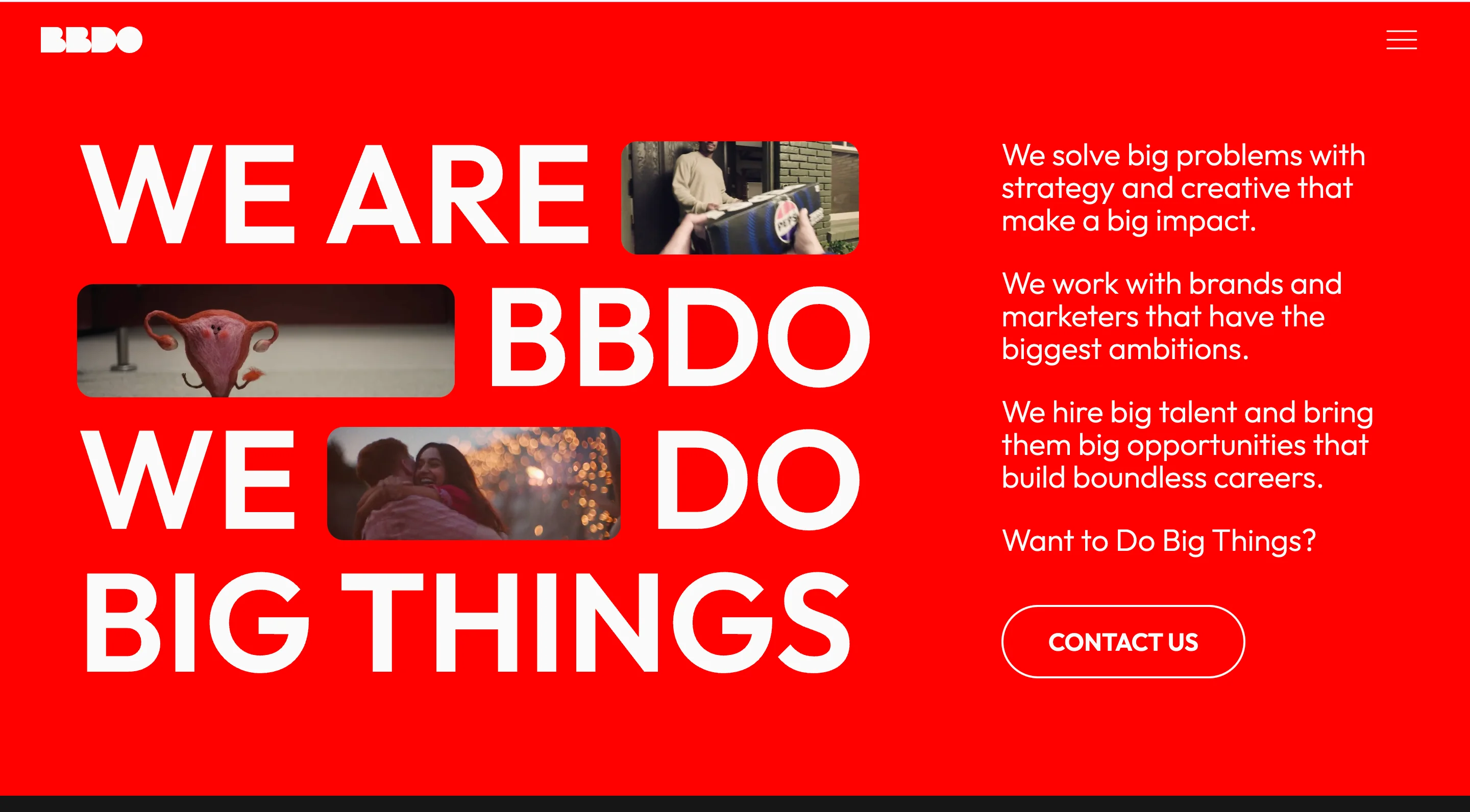 Homepage of BBDO, one of the best creative agencies for emotionally driven advertising, featuring their bold red branding with the tagline "We are BBDO. We do big things"