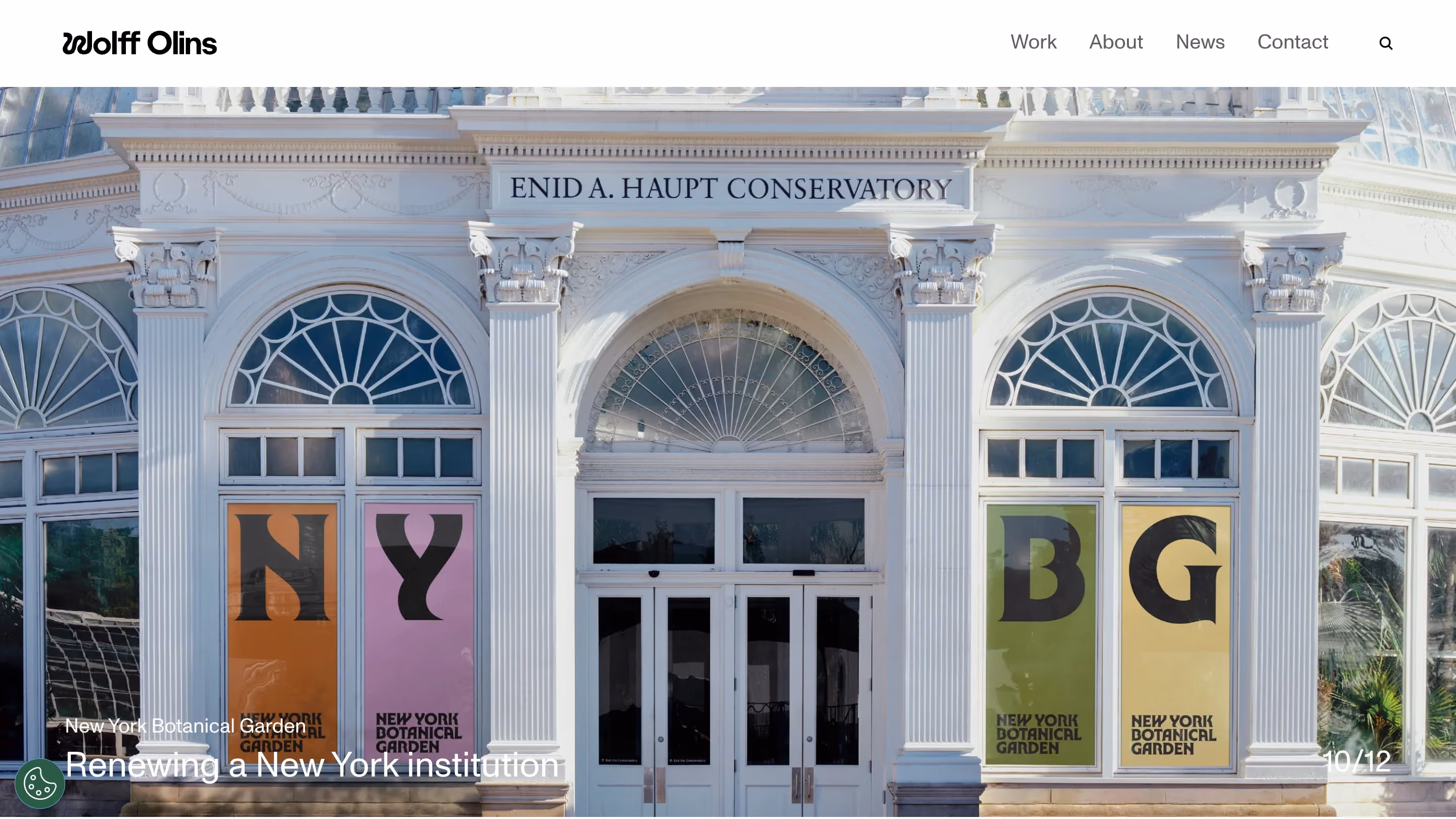 Homepage of Wolff Olins, one of the best creative agencies for transformational brand strategy, showcasing their rebrand project for the New York Botanical Garden with vibrant typographic window displays