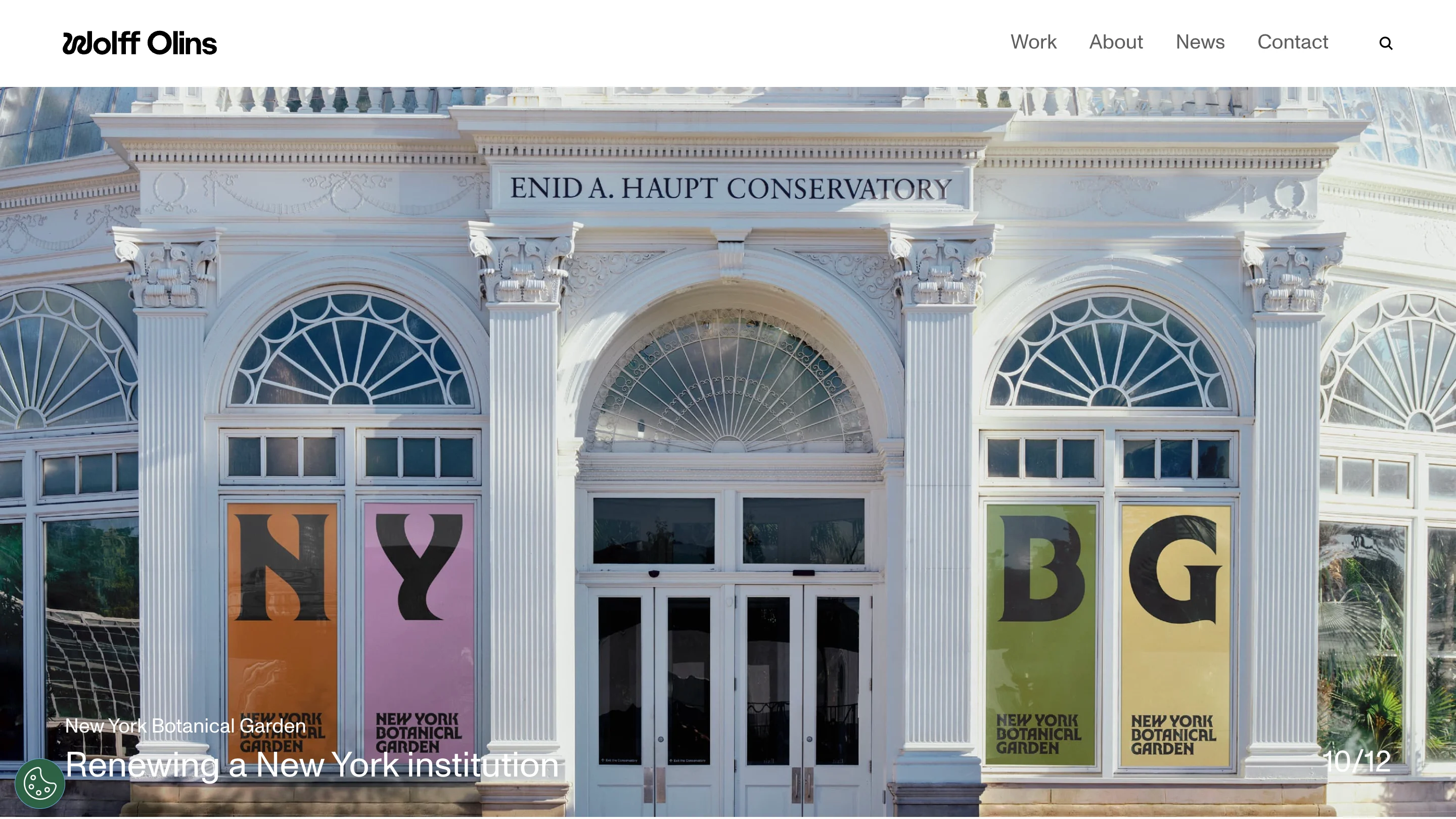 Homepage of Wolff Olins, one of the best creative agencies for transformational brand strategy, showcasing their rebrand project for the New York Botanical Garden with vibrant typographic window displays