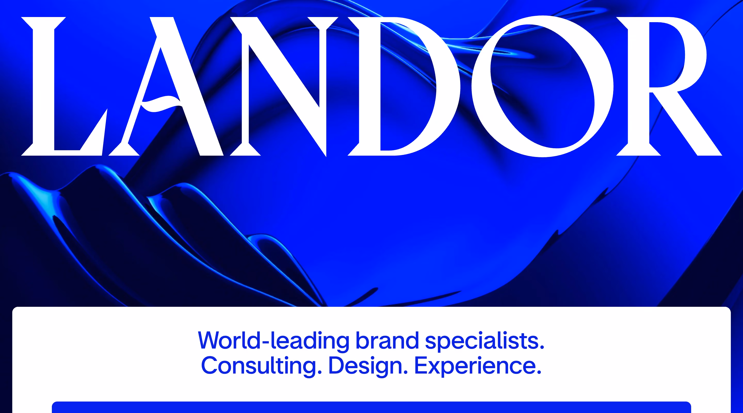 Homepage of Landor & Fitch, one of the best creative agencies for enterprise brand architecture, featuring their signature deep blue visual identity with the tagline "World-leading brand specialists"