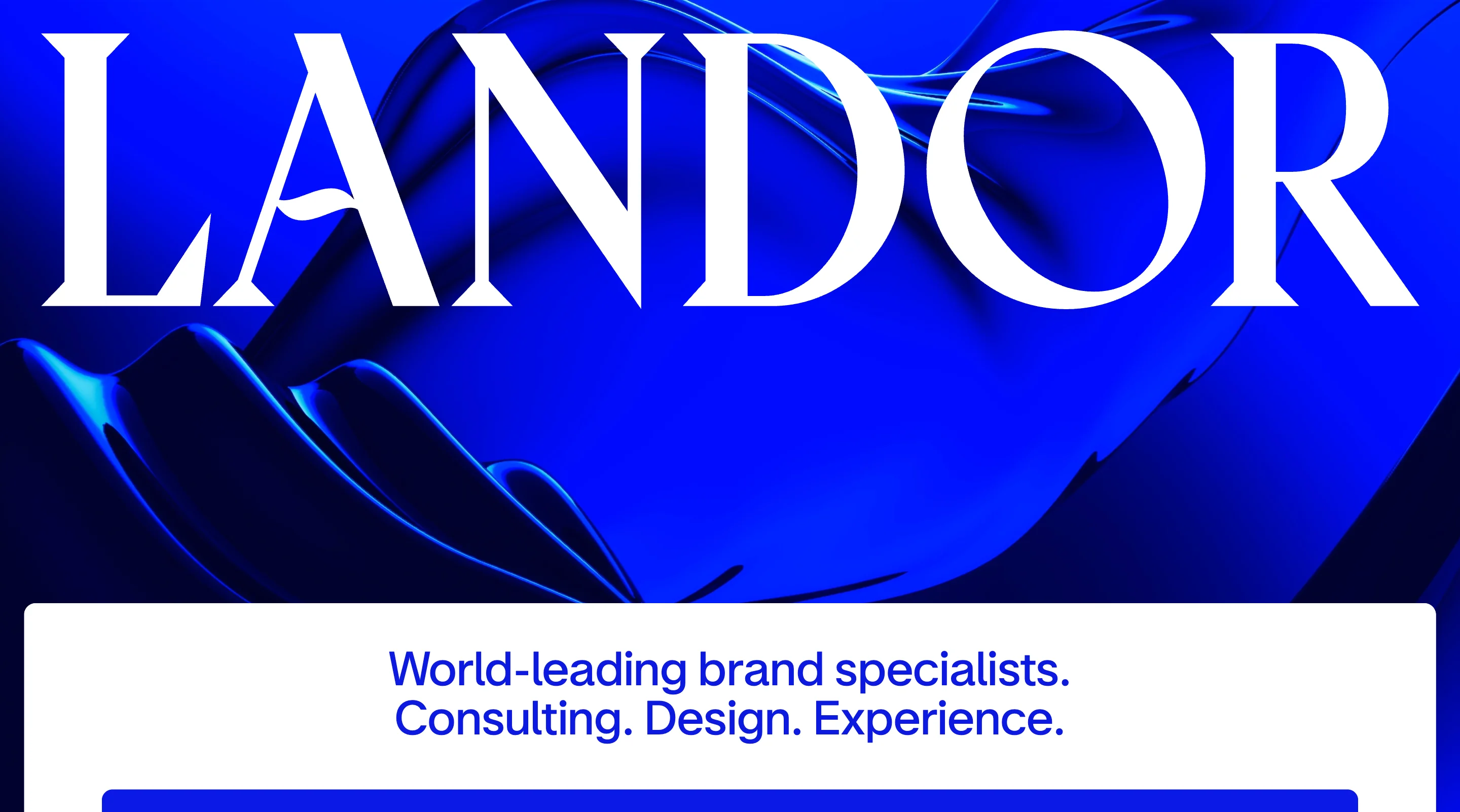 Homepage of Landor & Fitch, one of the best creative agencies for enterprise brand architecture, featuring their signature deep blue visual identity with the tagline "World-leading brand specialists"