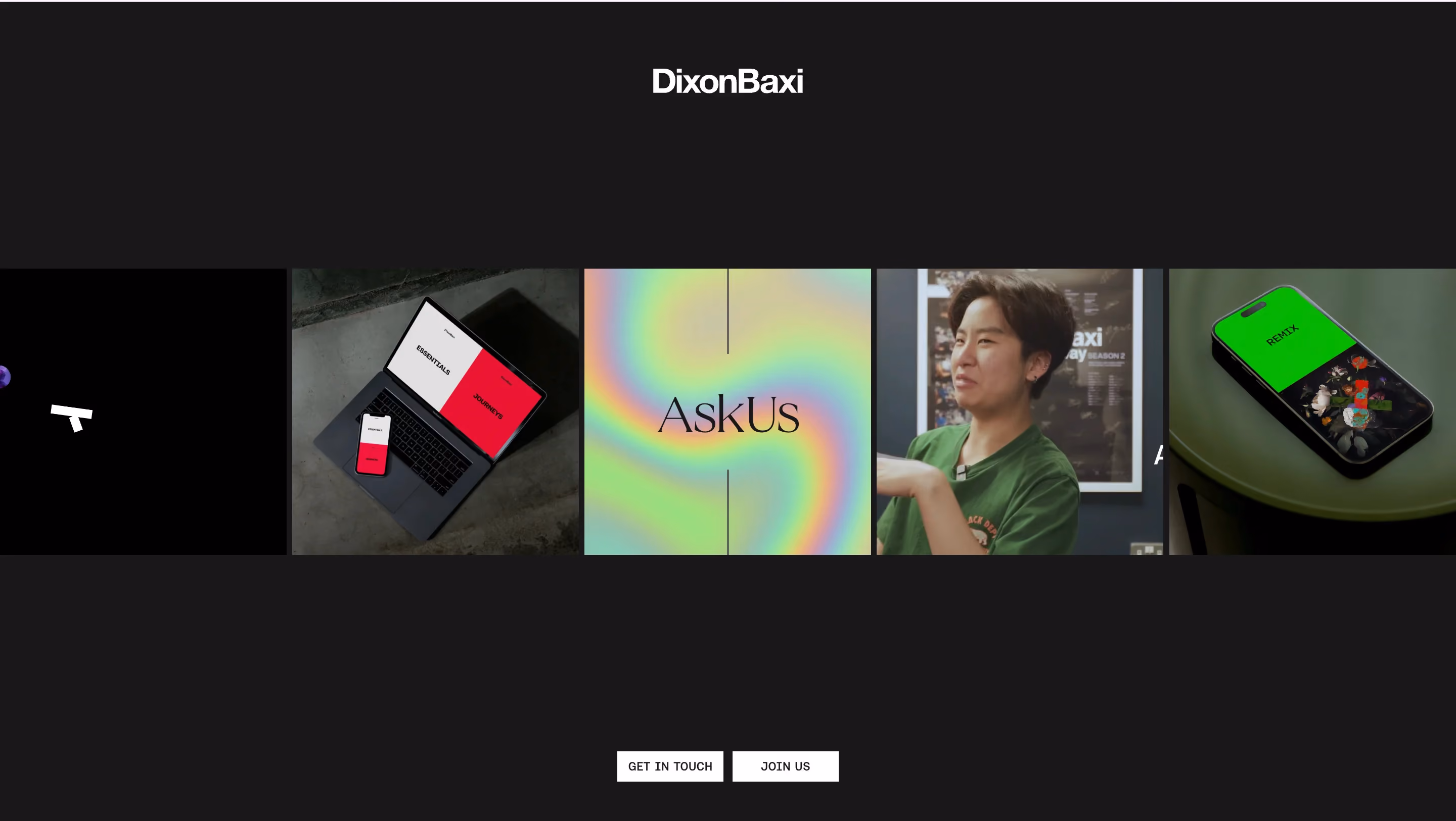 Homepage of DixonBaxi, one of the best creative agencies for dynamic brand systems, showing a dark-themed portfolio grid with motion-oriented project thumbnails