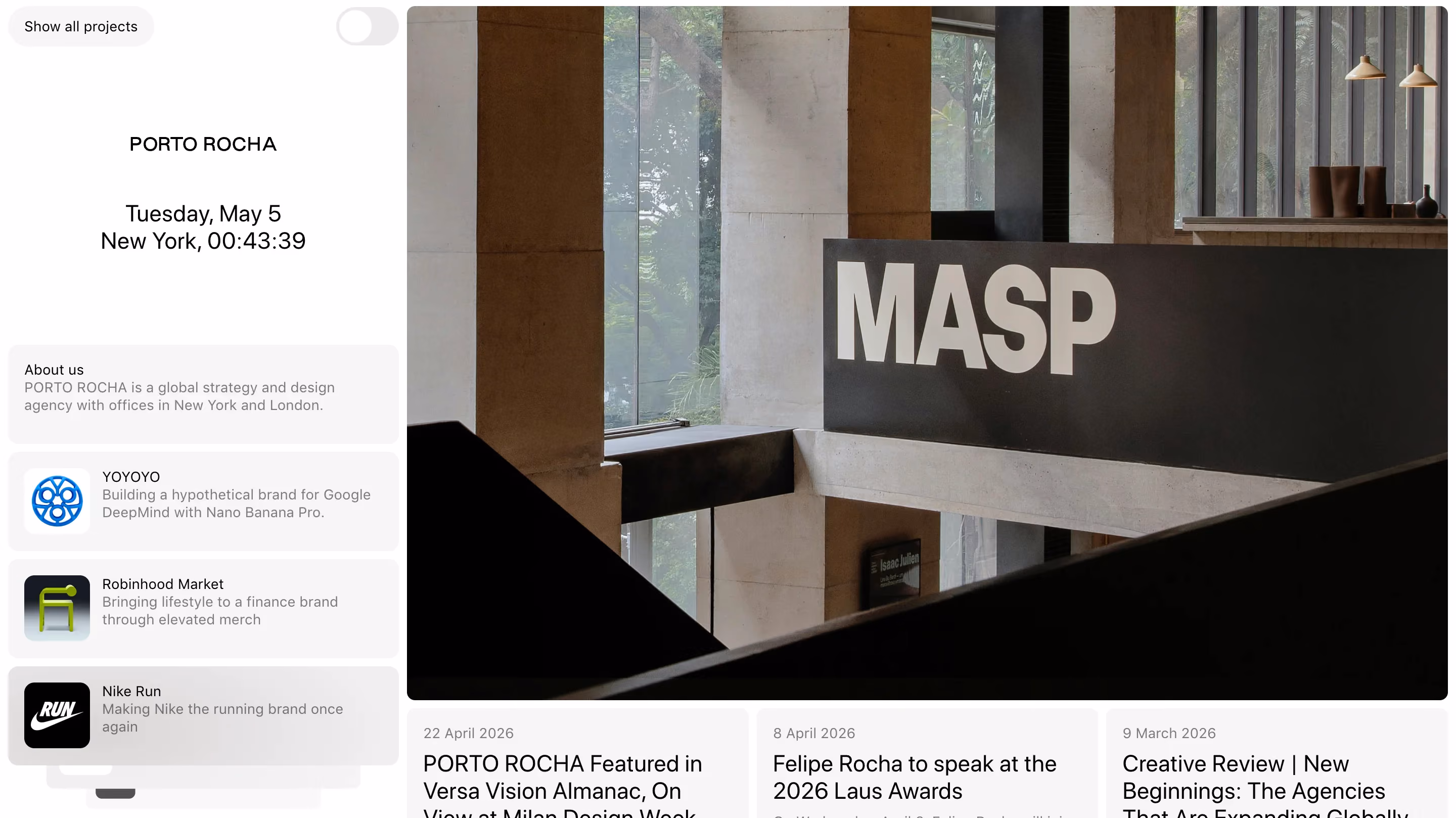 Homepage of Porto Rocha, one of the best creative agencies for high-impact identity work, showing their project for MASP alongside recent news including a feature at Milan Design Week