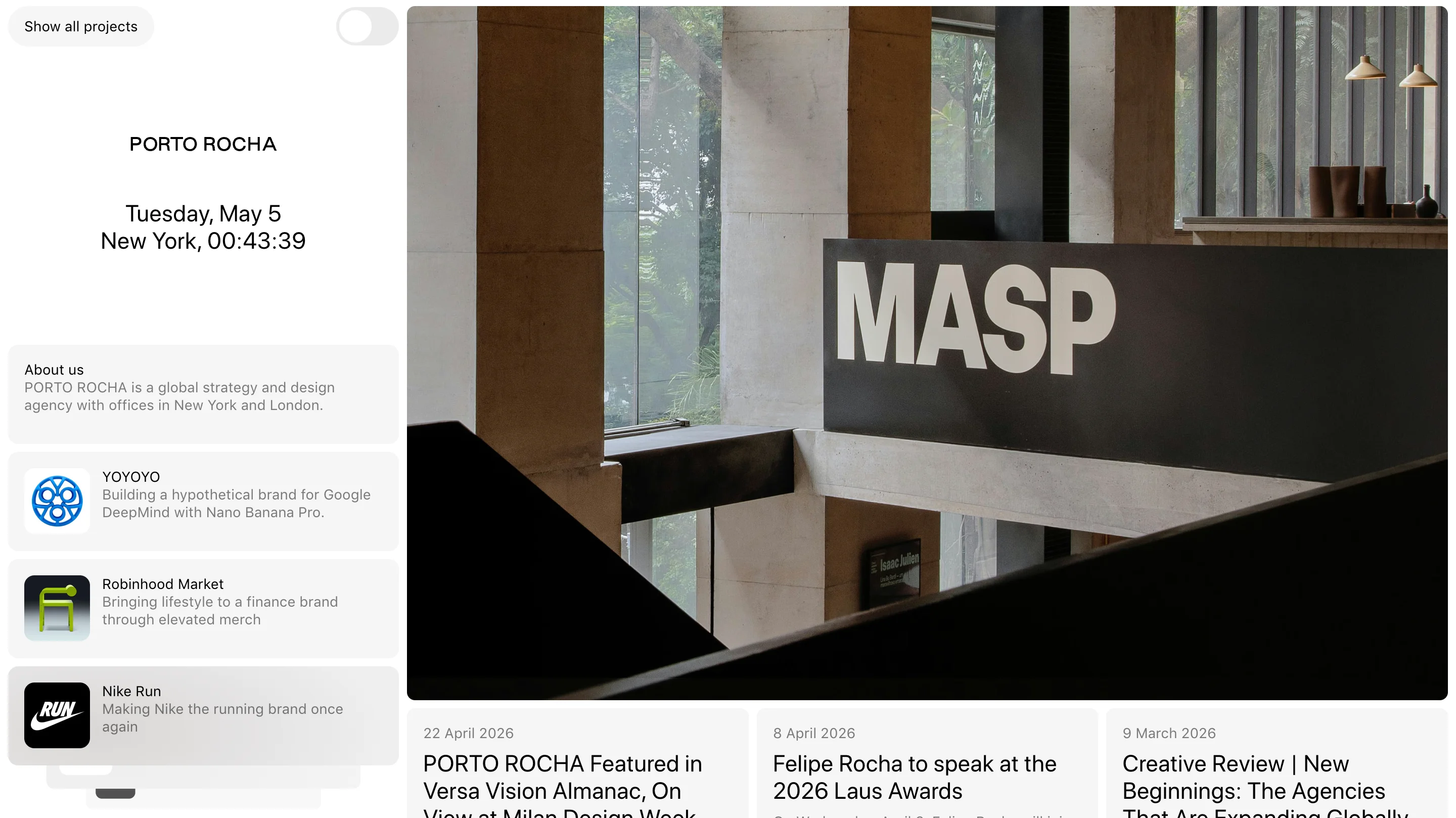 Homepage of Porto Rocha, one of the best creative agencies for high-impact identity work, showing their project for MASP alongside recent news including a feature at Milan Design Week