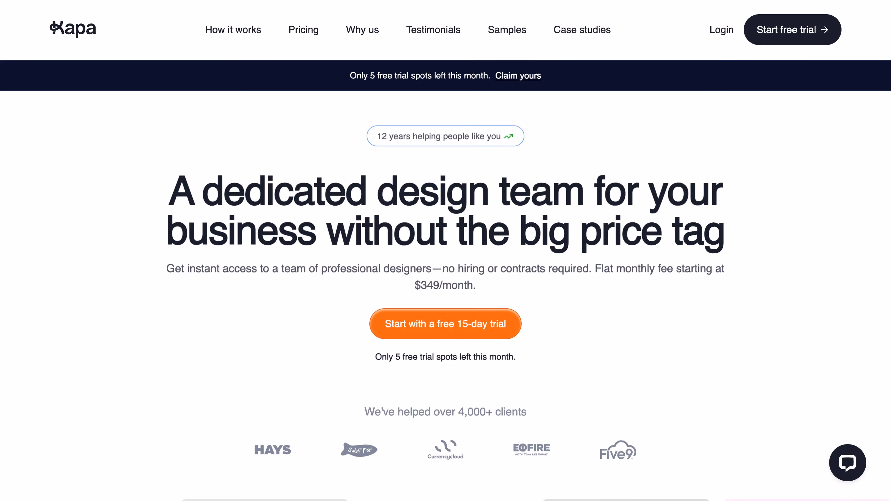 Kapa99 homepage showing their design subscription service as a Design Pickle alternative, with pricing starting at $349 per month and a 15-day free trial offer