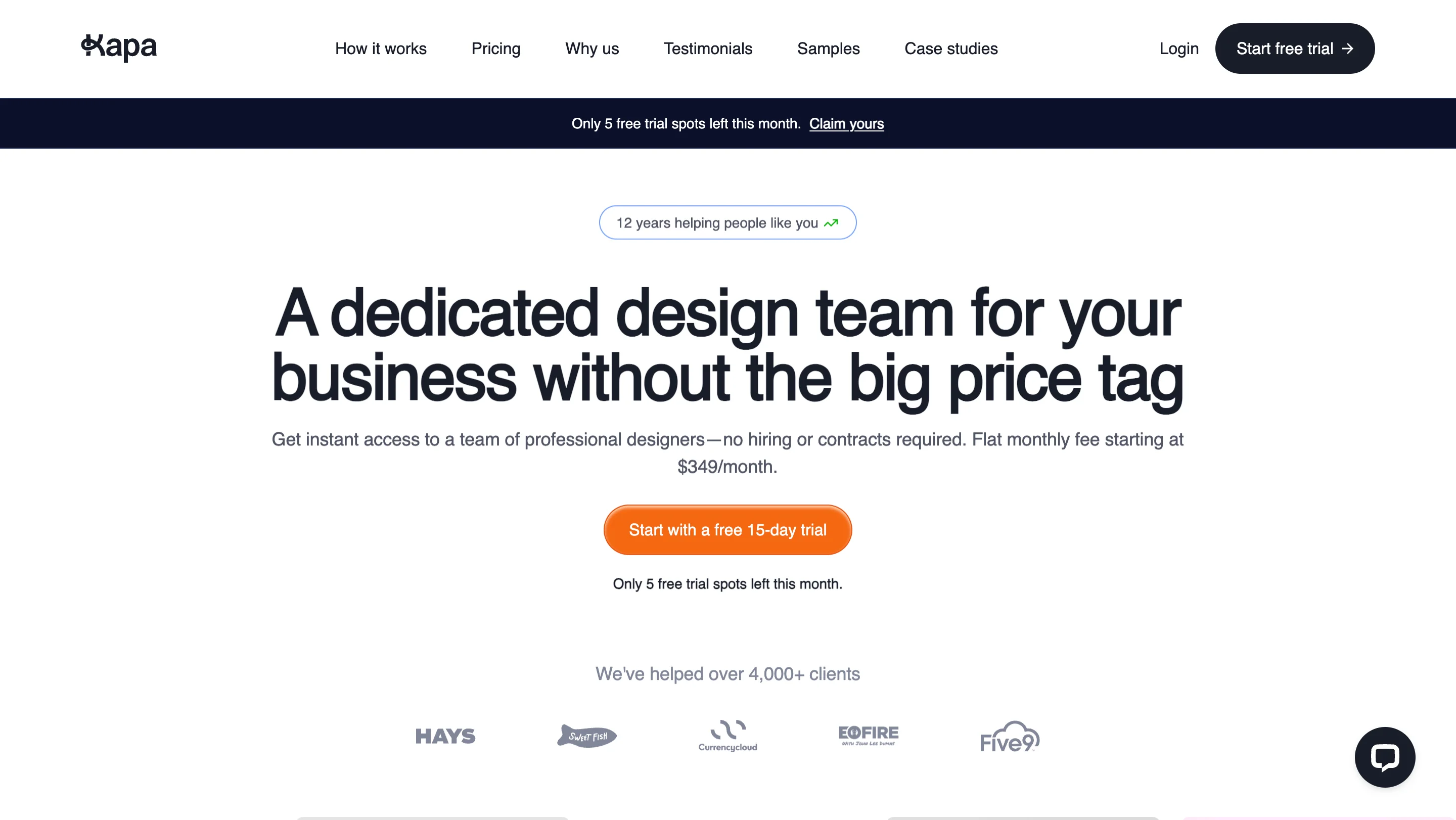 Kapa99 homepage showing their design subscription service as a Design Pickle alternative, with pricing starting at $349 per month and a 15-day free trial offer