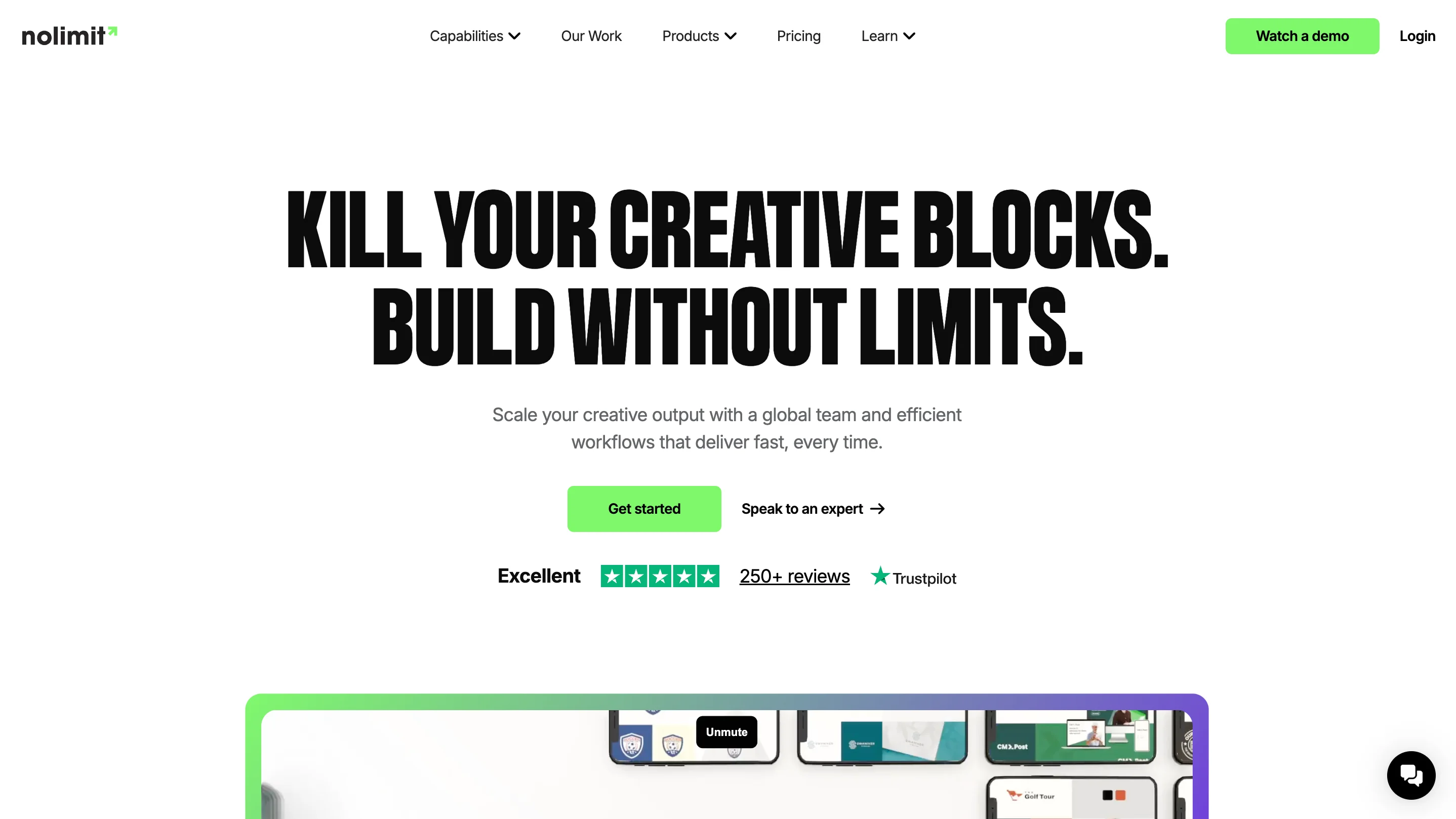 No Limit Creatives homepage, a Design Pickle alternative offering unlimited creative services with an Excellent Trustpilot rating across 250+ reviews