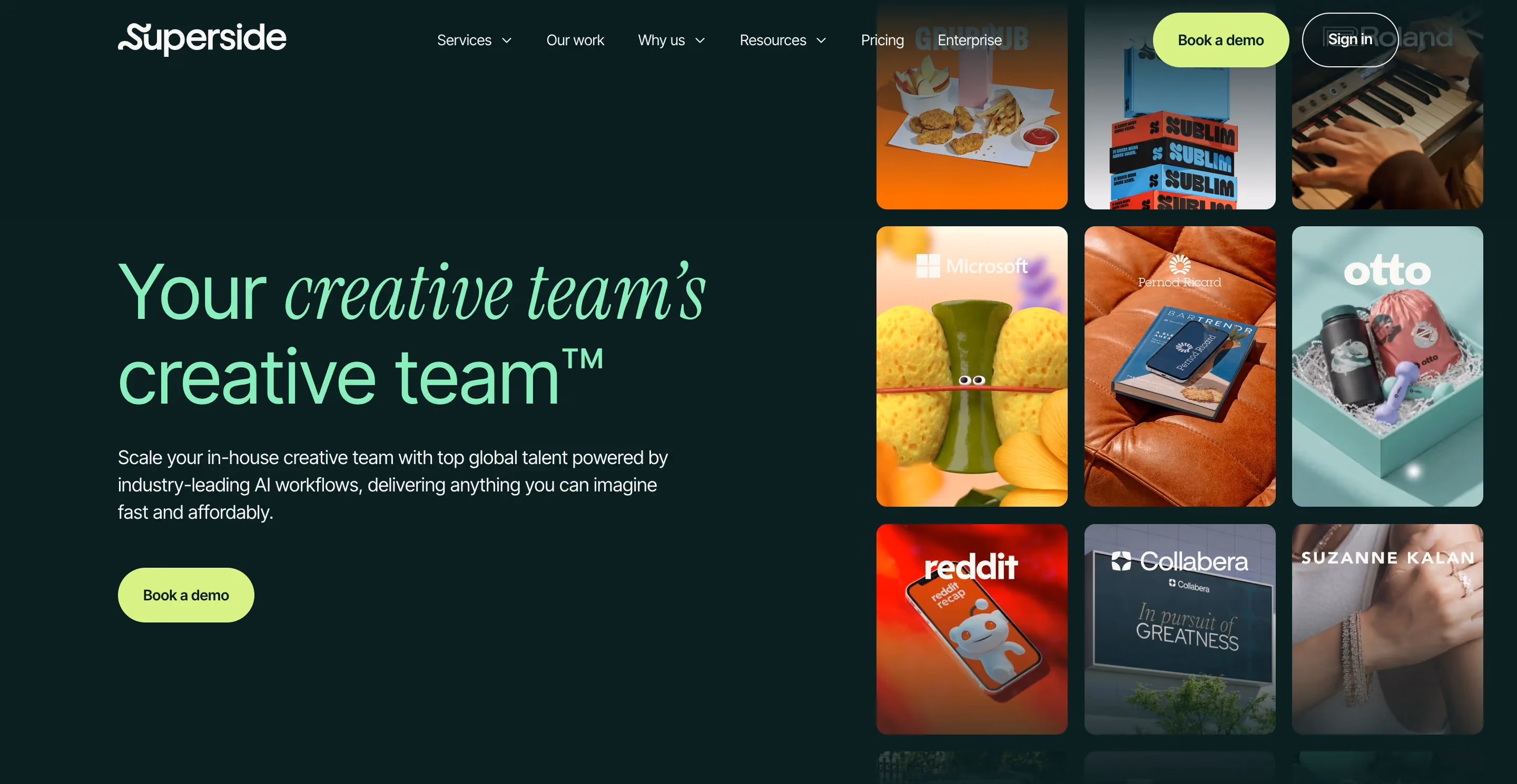 Superside homepage showcasing their enterprise-level creative team service, a premium Design Pickle alternative used by brands like Microsoft and Reddit