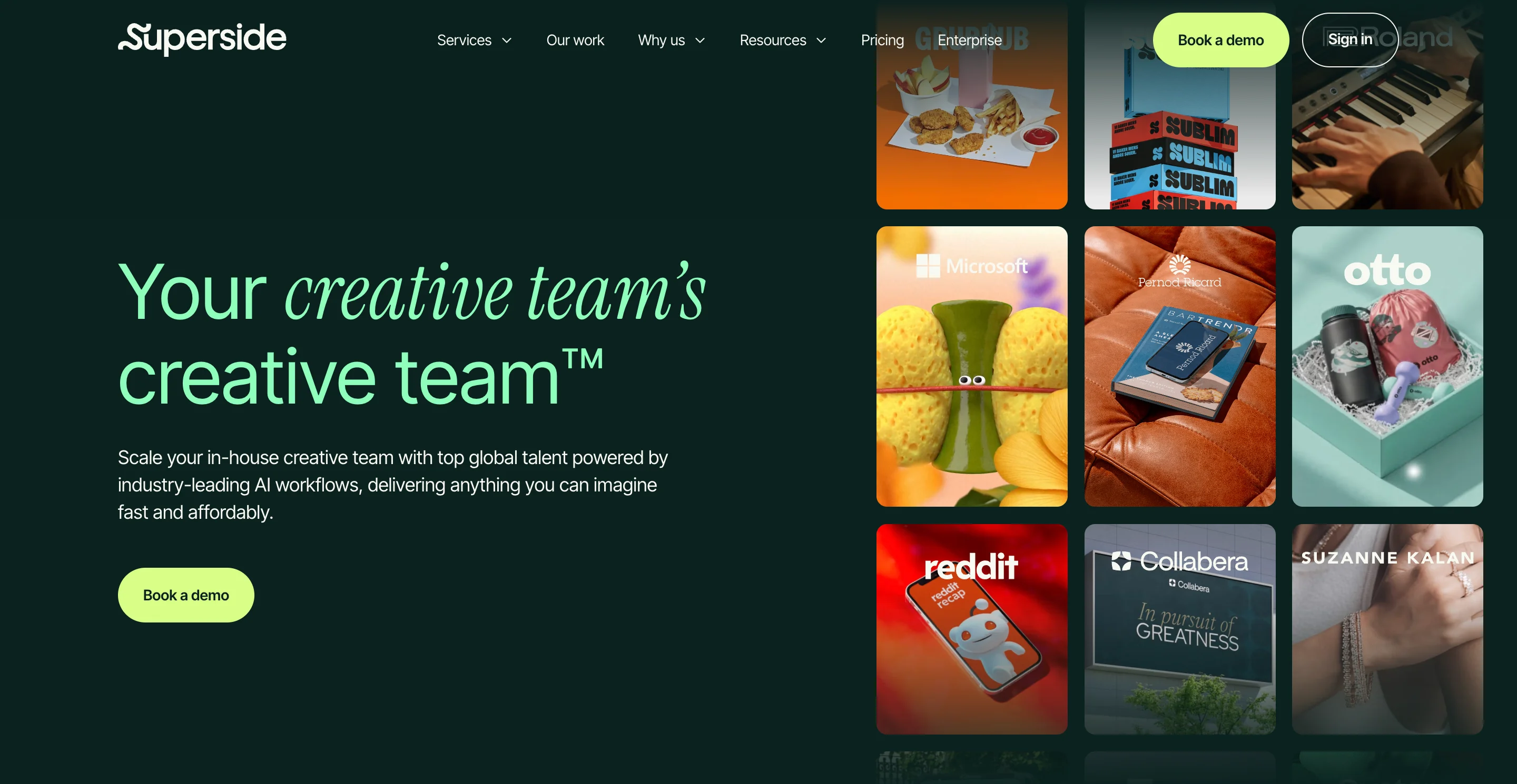 Superside homepage showcasing their enterprise-level creative team service, a premium Design Pickle alternative used by brands like Microsoft and Reddit