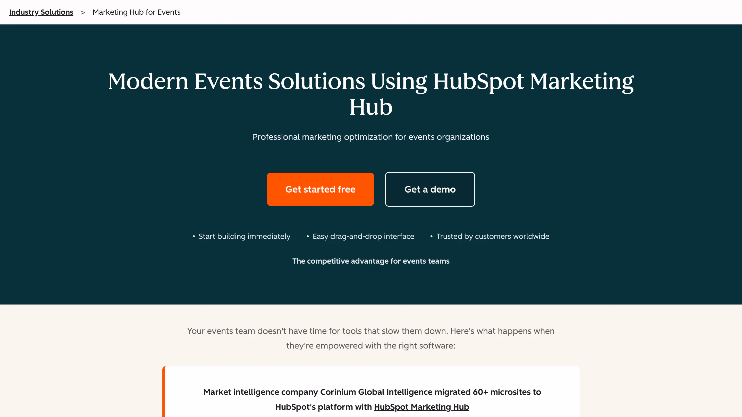 "HubSpot Marketing Hub for Events page showing the headline 'Modern Events Solutions Using HubSpot Marketing Hub' with get started and demo buttons"